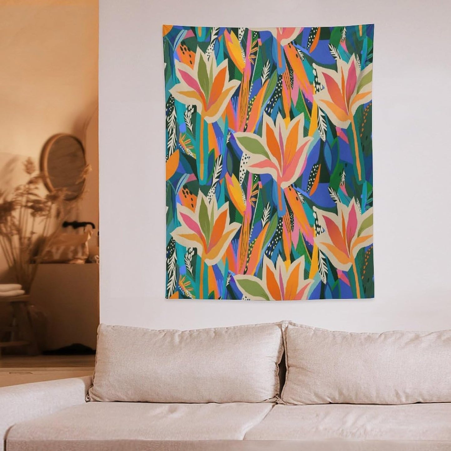 ICMOLYYENLO Boho Green Leaves Tapestry, Mid Century Abstract Tropical Palm Leaves Modern Minimalist Geometric Wall Hanging, Neutral Home Decor Art for Living Room Bedroom Dorm 60x80 Inch