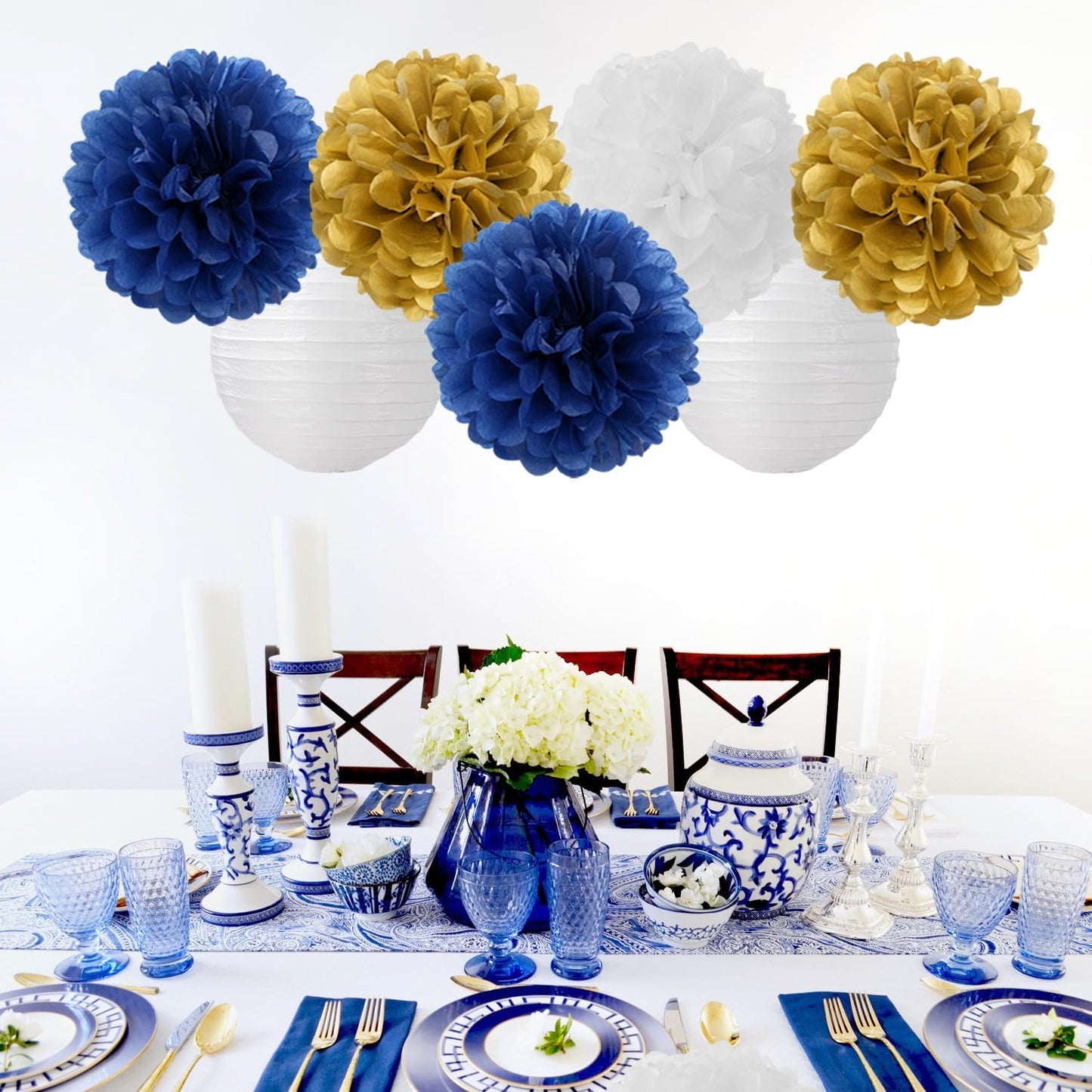 Navy-Blue Gold Party-Decorations Paper-Flowers Lanterns - 15PCS Royal White Baby Bridal Shower Tissue Pom Poms Streamers, Bachelorette Birthday Wedding Graduation Hanging Supplies Decor Hugfond