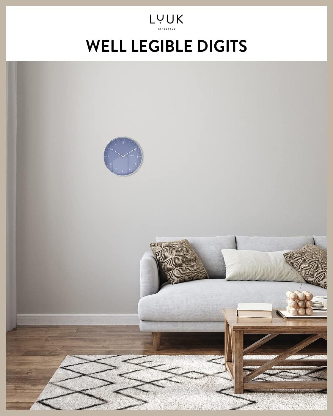 LUUK LIFESTYLE Minimalist Wall Clock with Silent Movement, no Ticking, Modern Design, Kitchen Clock, Decoration and Gift idea, in Blue and Silver