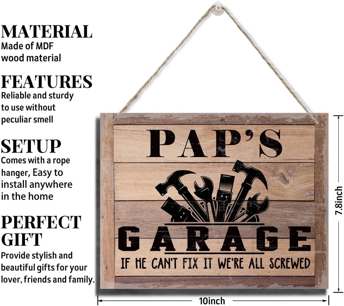 Rustic Sign, Father's Day Gift, Dad's Gift, Grandpa's Gift, Decor Hanging Wood Signs, Printed Wood Wall Art Sign, Pap's Garage, If He Can't Fix It We're All Screwed, Vintage Sign Gift for Grandpa