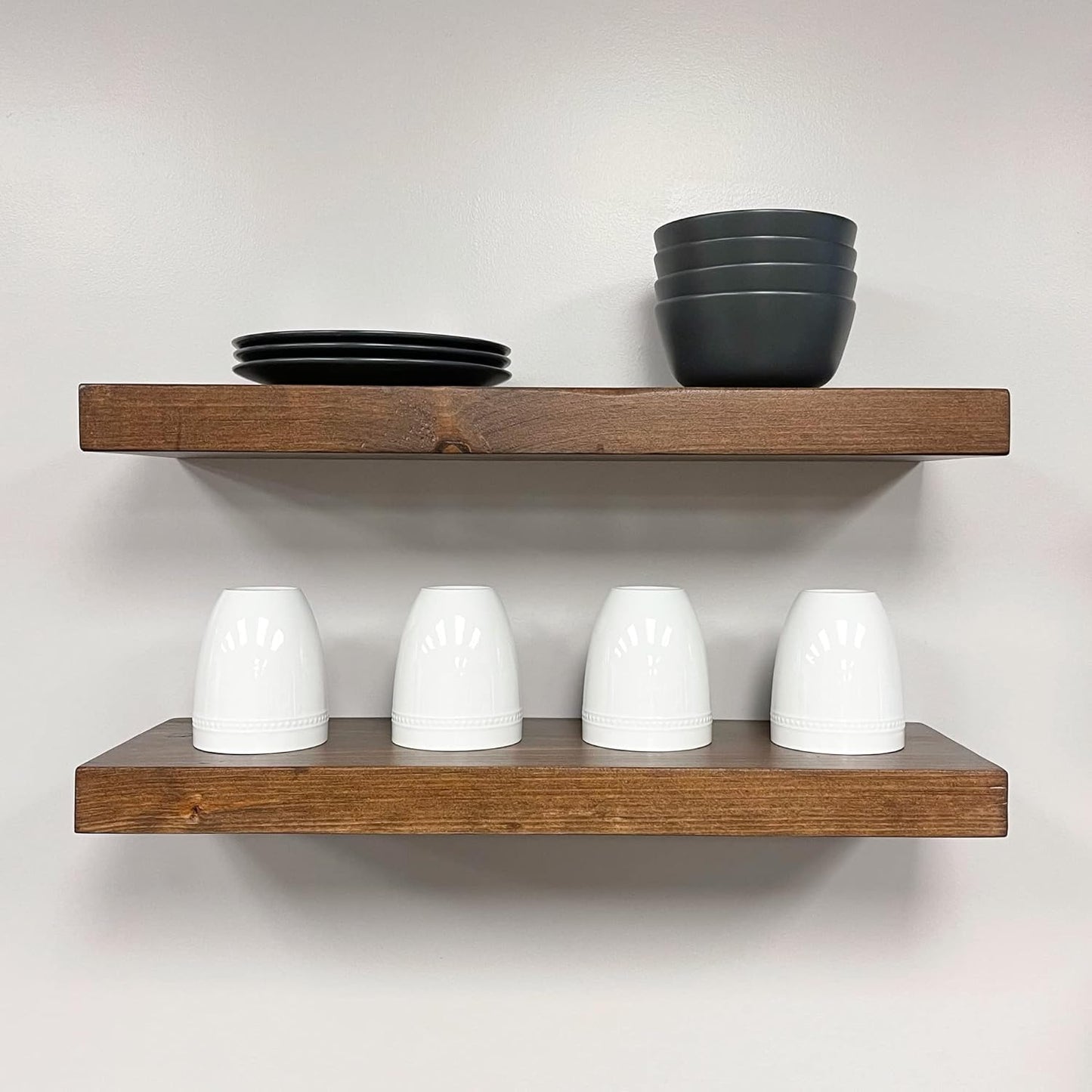 URBANDI, Rustic Floating Shelves, Set of 2, Hidden Bracket, Solid Wood, Heavy Duty, Wall Mounted Shelves, (Provincial, 12Wx8D)