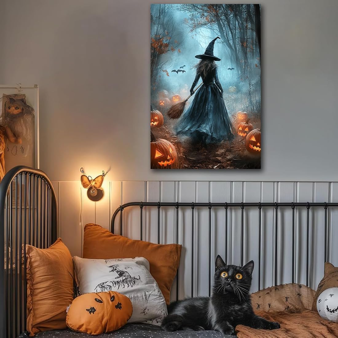 Vintage Moody Halloween Witch Artwork Wall Decor,Spooky Halloween Gothic Canvas Artwork Creepy Horror Witch with A Broom Pumpkin Bats Rustic Forest Picture,Dark Academia Poster,20"x30" Unframed