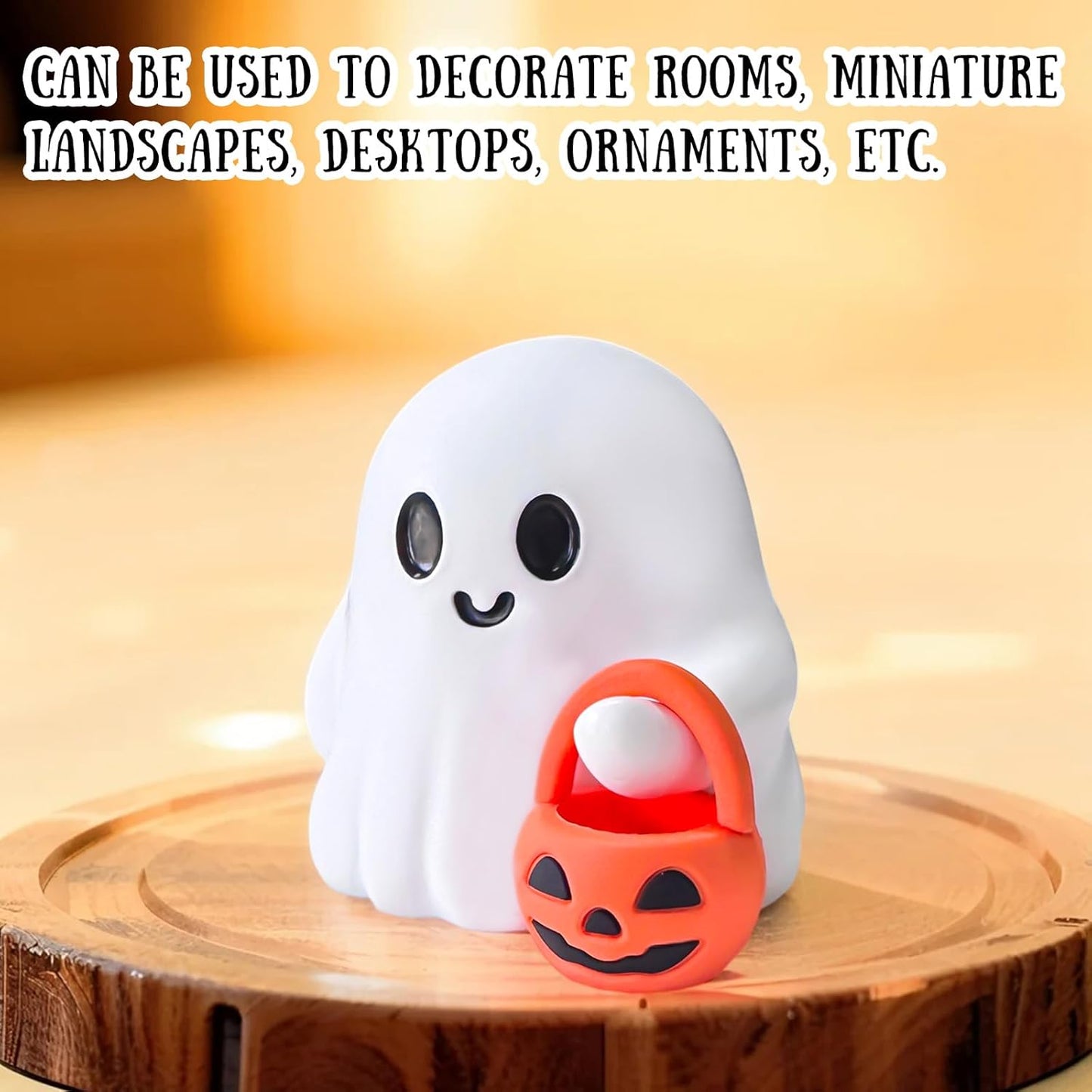 Halloween Ghost Figurine Cartoon Cute Spooky Carrying Pumpkin Basket Desk Display Ornament Tiny Trick or Treat Ghost Resin Halloween Statue for Home and Office Tabletop Decor Supplies