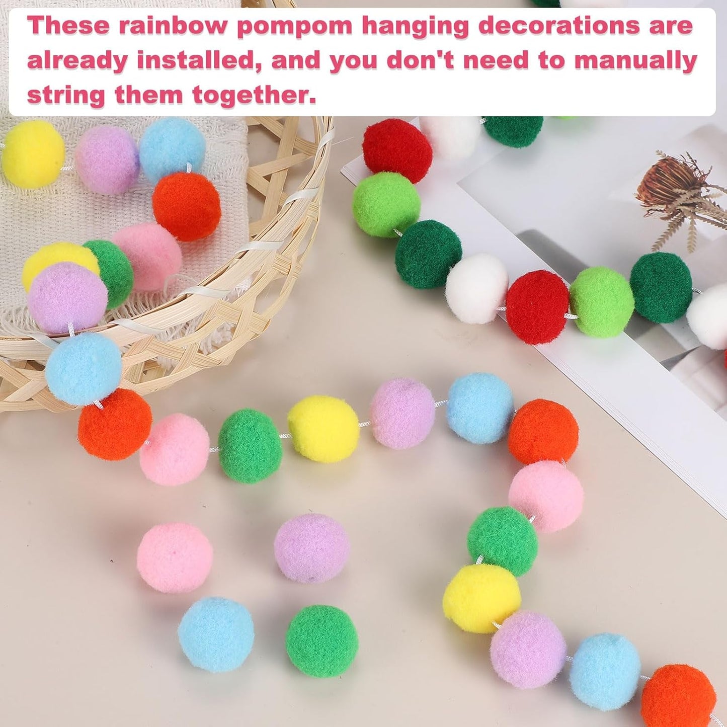 PATIKIL 26Ft Pom Pom Garland Decorations, 4Pcs Colorful Felt Ball Garland Banner Cute Rainbow Pompom Hanging Decorations for Tree Ornaments Decor, Pink/Green/Yellow/Purple/Blue/Orange