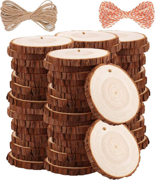 Natural Wood Slices TICIOSH Craft Unfinished Wood kit Predrilled with Hole Wooden Circles for DIY Crafts Wedding Decorations Christmas Ornaments Arts Wood Slices (50 Pcs 2.8-3.1 inches)