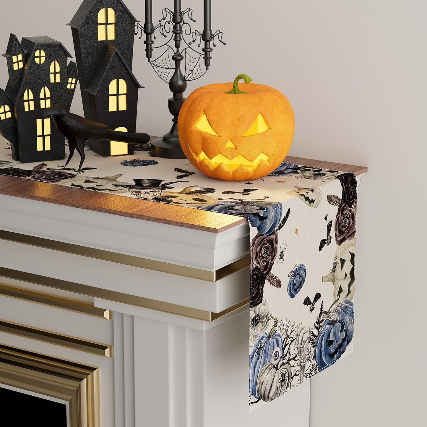XCHI Spooky Blue Pumpkin Halloween Table Runner Party Table Decoration for Home Kitchen Dining Holiday Decor 13x108 Inch