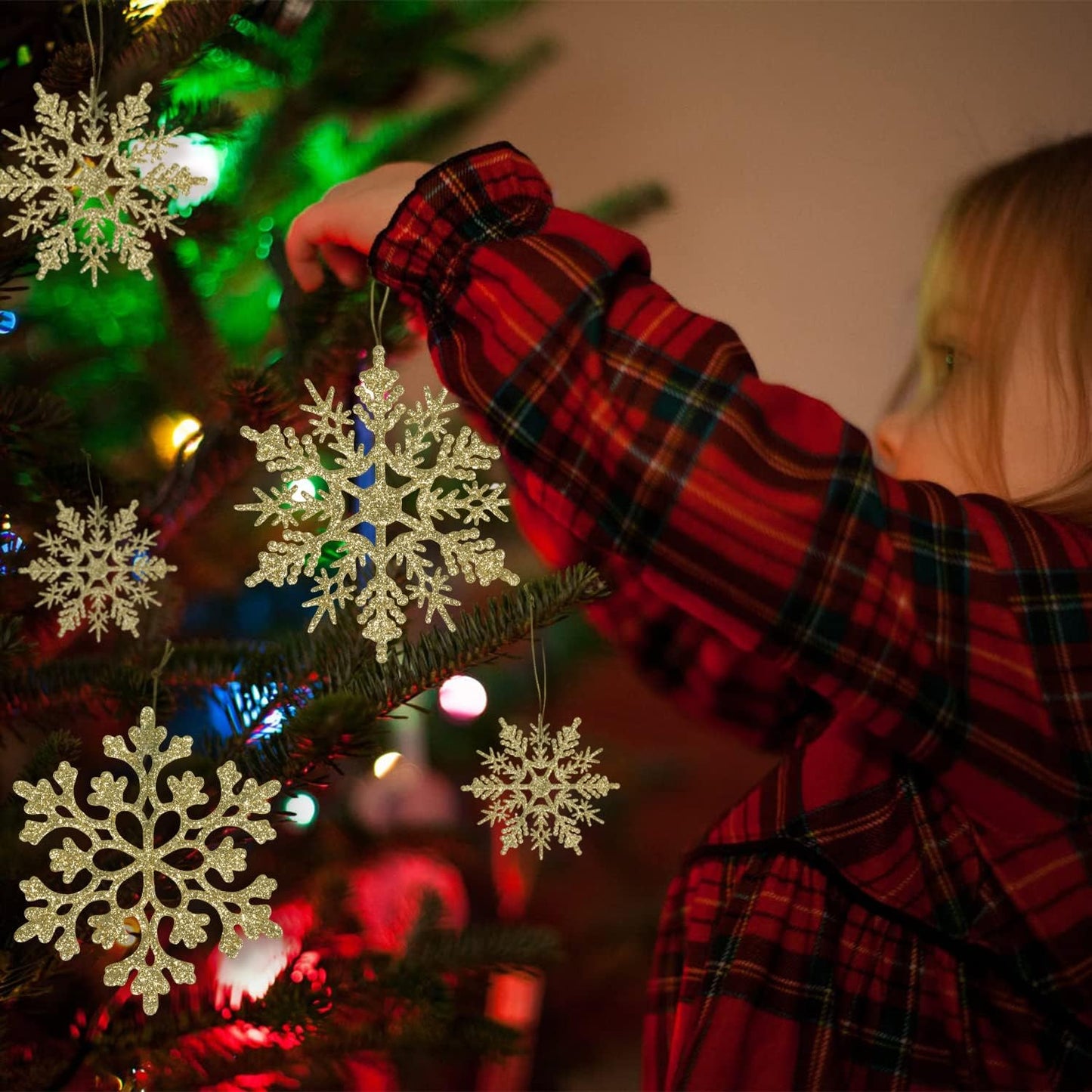 36pcs Christmas Gold Snowflake Ornaments Plastic Glitter Snow Flakes Ornaments for Winter Christmas Tree Decorations Size Varies Craft Snowflakes