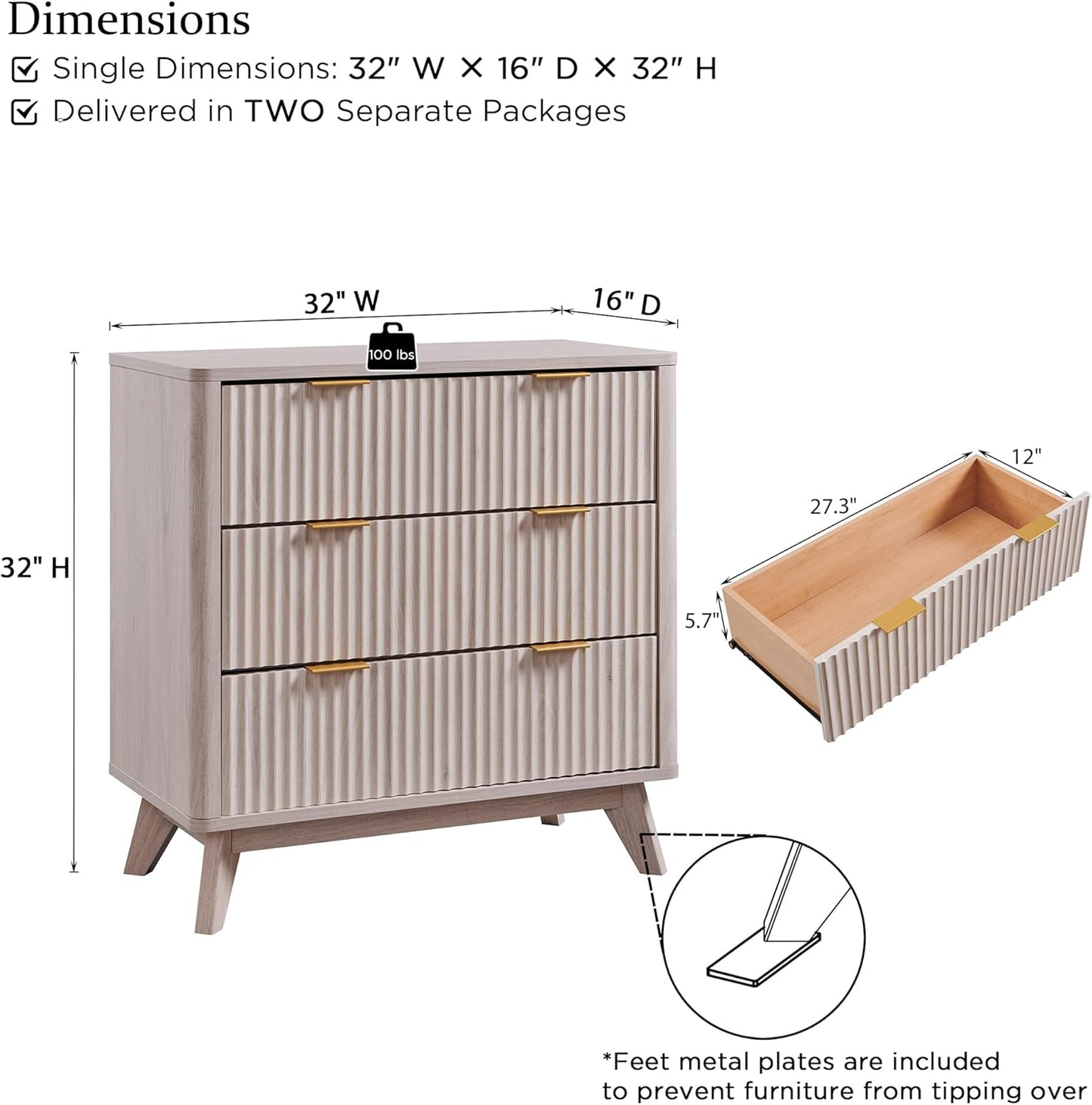 T4TREAM 32" Tall Fluted Nightstand Set of 2, Modern Side Table with 3 Drawers, End Table w/Storage, Bedside for Bedroom, Living Room, Curved Profile Design, White Alder