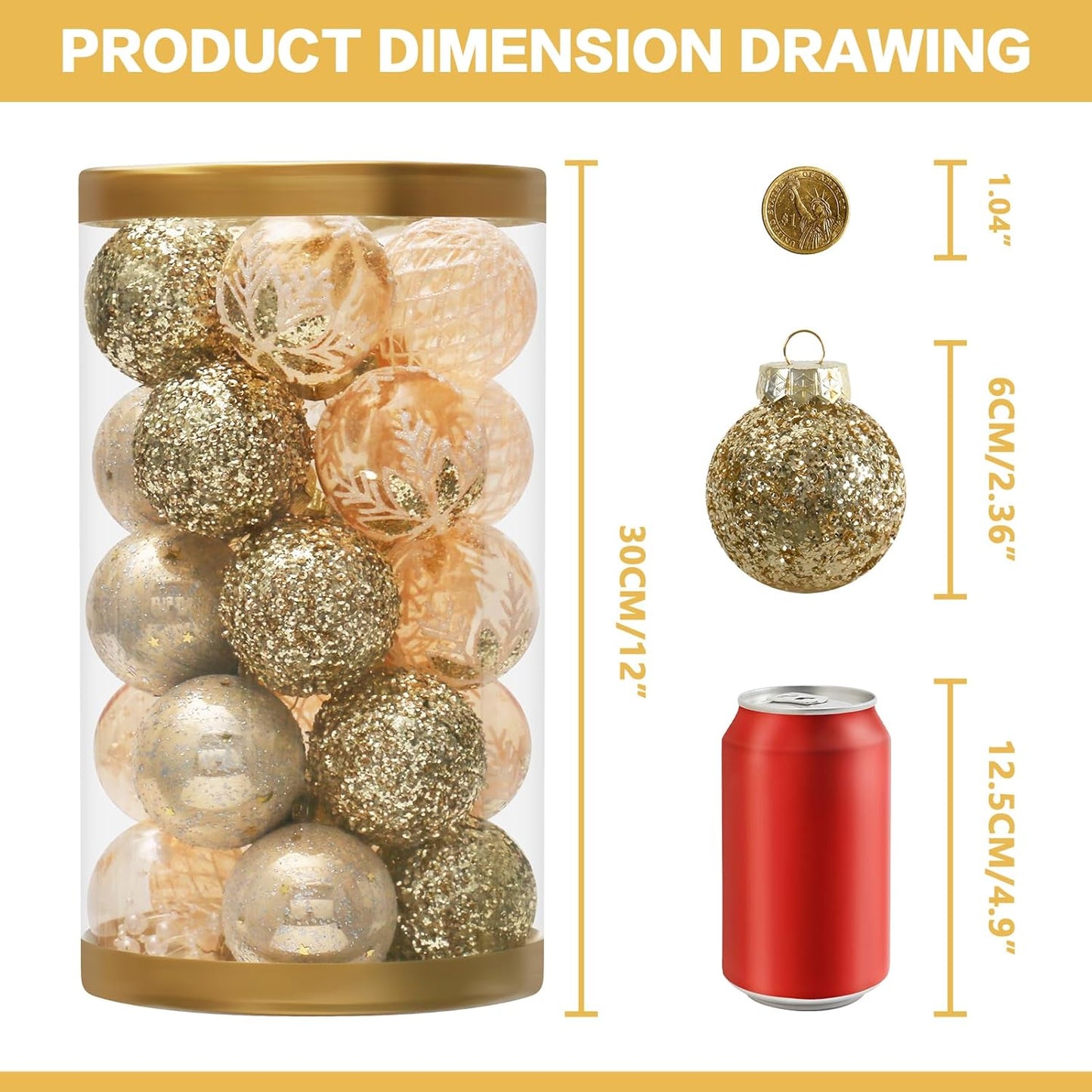 25PCS Christmas Ornaments Set, 2.36"/6CM Clear Plastic Shatterproof Christmas Ball Hanging Ornaments for Xmas Tree Decorations, for Indoor Home Party Holiday Decor - White/Champagne