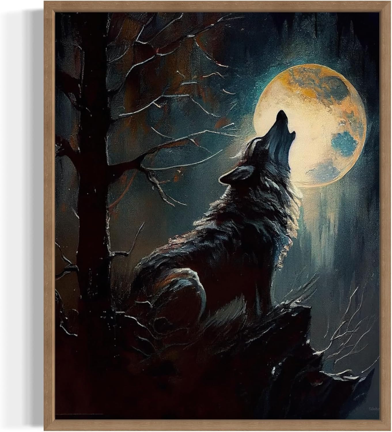 Wolf howling Poster Art Print, Halloween Scary Vintage Wall Art Academia Spooky Painting Decoration for Horror Prints, Gothic Posters Bedroom Decor 89 (Wolf howling, 16 x 20 inches, Wood Frame)