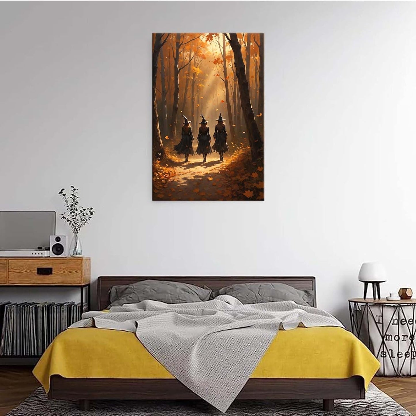 Three witches walking in the forest in autumn canvas painting gothic poster halloween print country witch wall art for home decoration12x16in Wood Framed