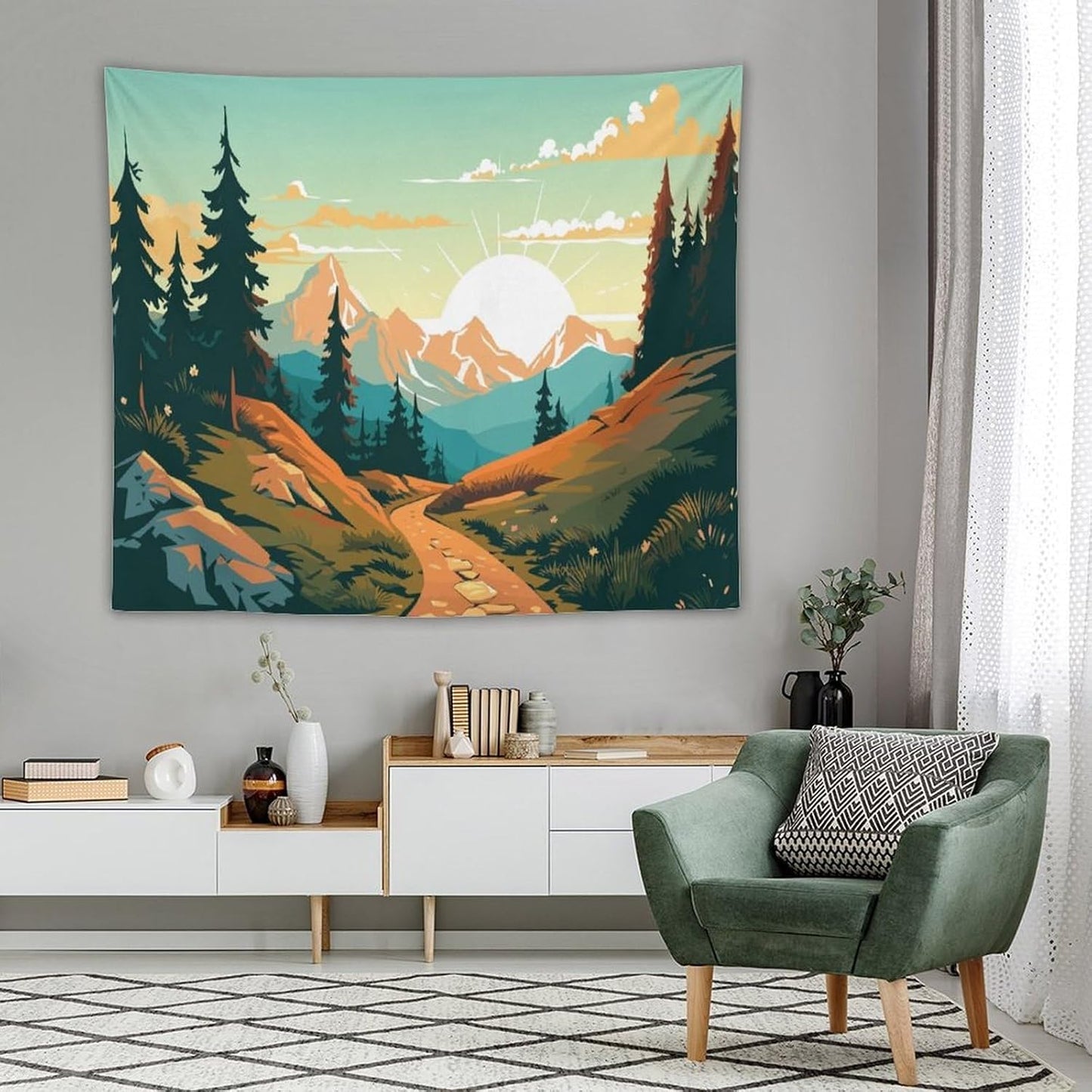 HZOHNAGO Mountain Tapestry Forest Mountain Sunrise Road Pattern Printed Wall Tapestry Wall Hanging for Bedroom Living Room Dorm 60" W x 50" H