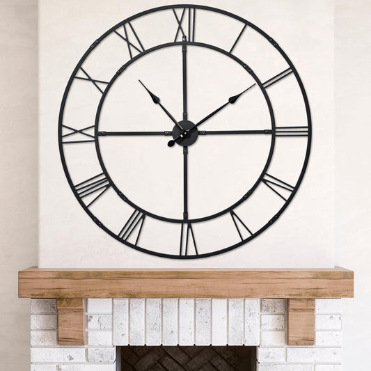 Large Wall Clock for Living Room Decor – 32 Inch Silent Non-Ticking Modern Farmhouse Wall Clock, Oversized Decorative Metal Roman Numeral Clock, Black