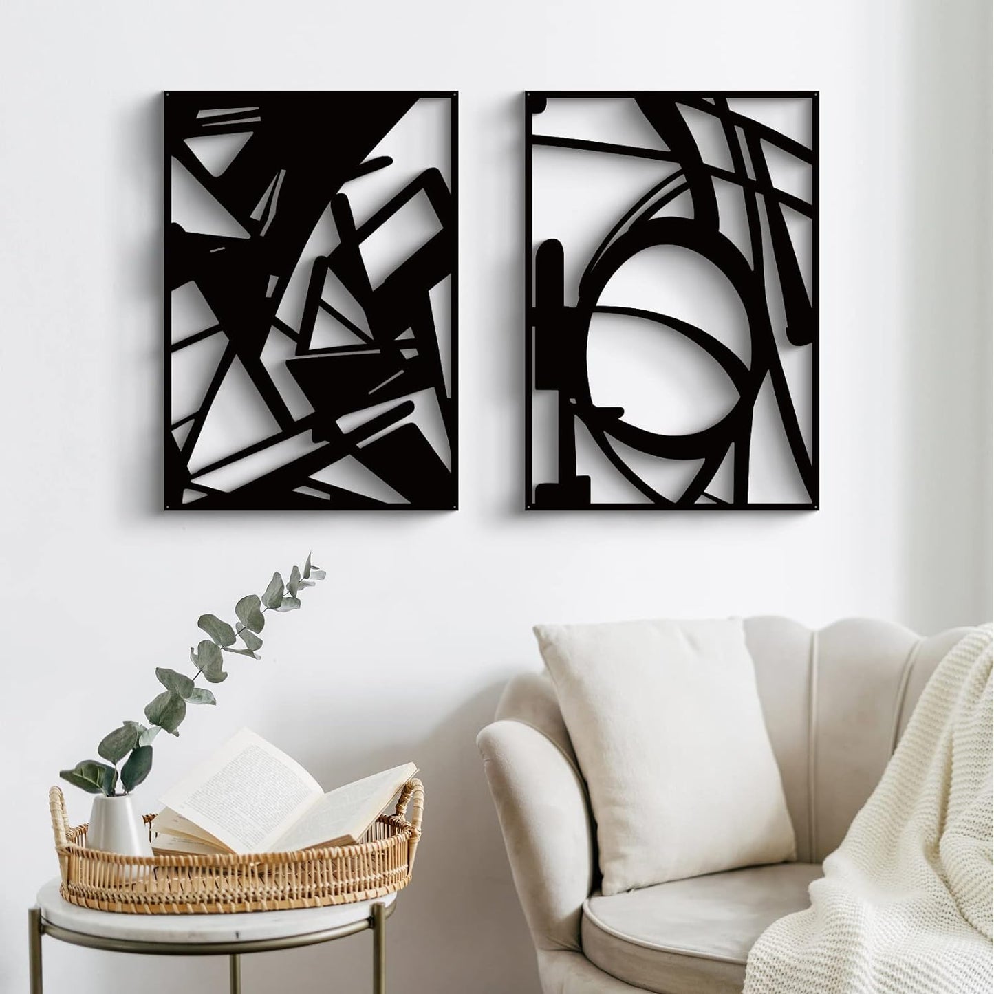 Glamativity Large 4 Pack Black Abstract Metal Wall Art, Minimalist Décor Single Line Art Wall Décor, 3D Textured Metal Wall Sculptures, for Living Room Bedroom Bathroom Study Room (Black, L Size 22.5