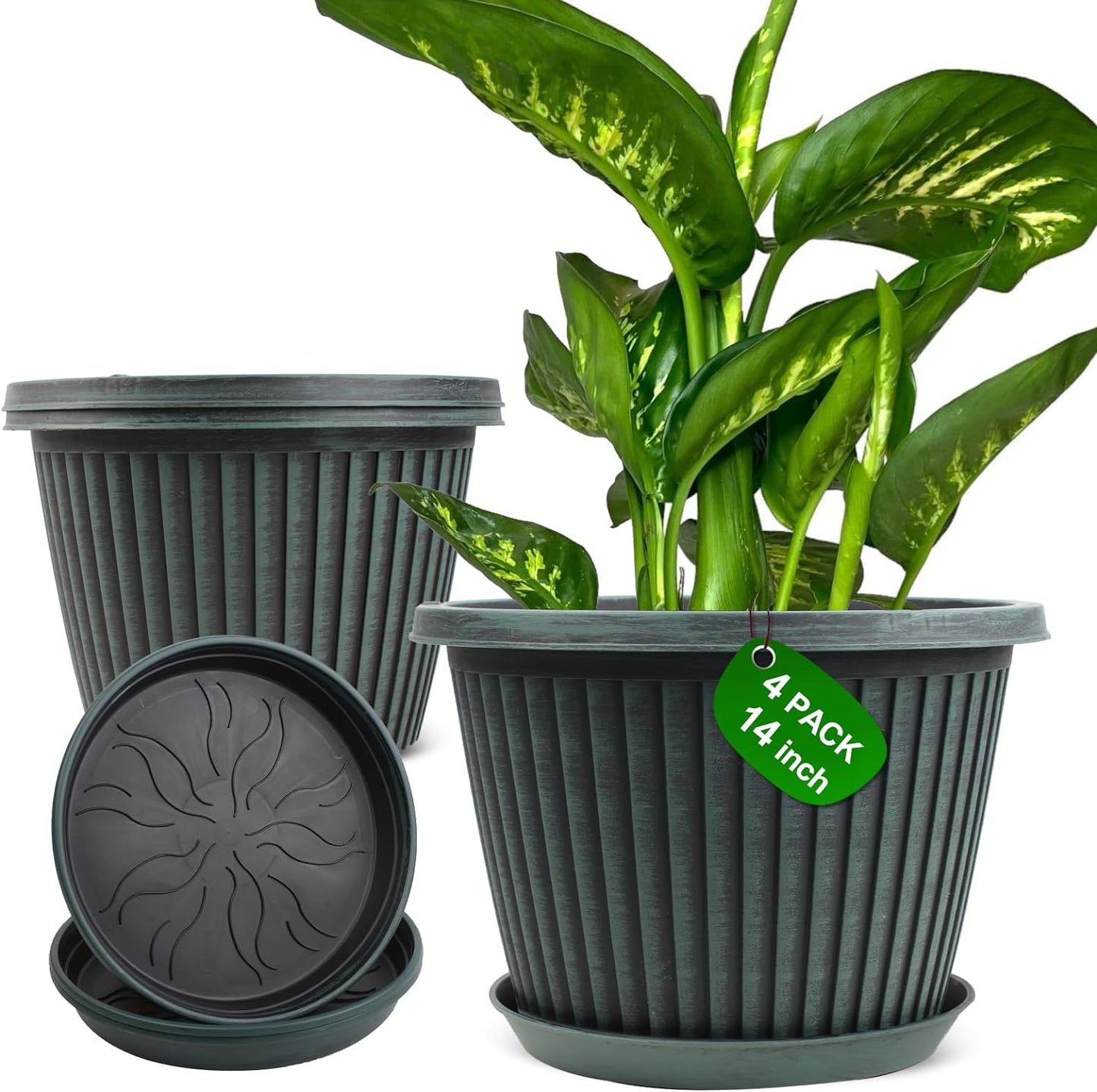 Large-Planter-Indoor-Outdoor Plant Pots, 14 inch 4 Pack Plastic Flower Pots with Saucer And Drainage Holes, Modern Garden Planters For Planting Medium Large Plants， Decorative Resin Garden Pots