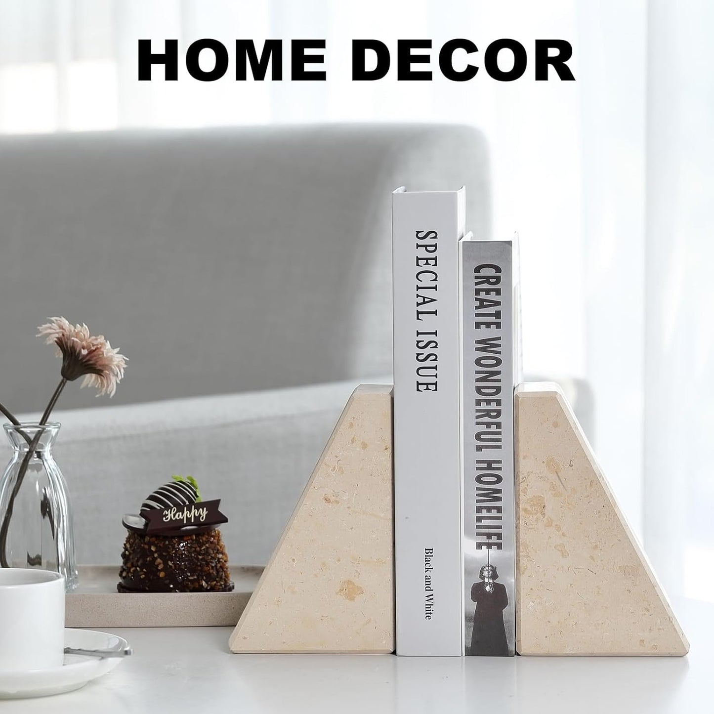 Marble Bookends for Heavy Books, Decorative Book Ends for Shelves, Beige Stone Durable and Heavy-Duty Book Ends for Hardback Books & CDS, Unique Book Stopper & Holder, Set of 2