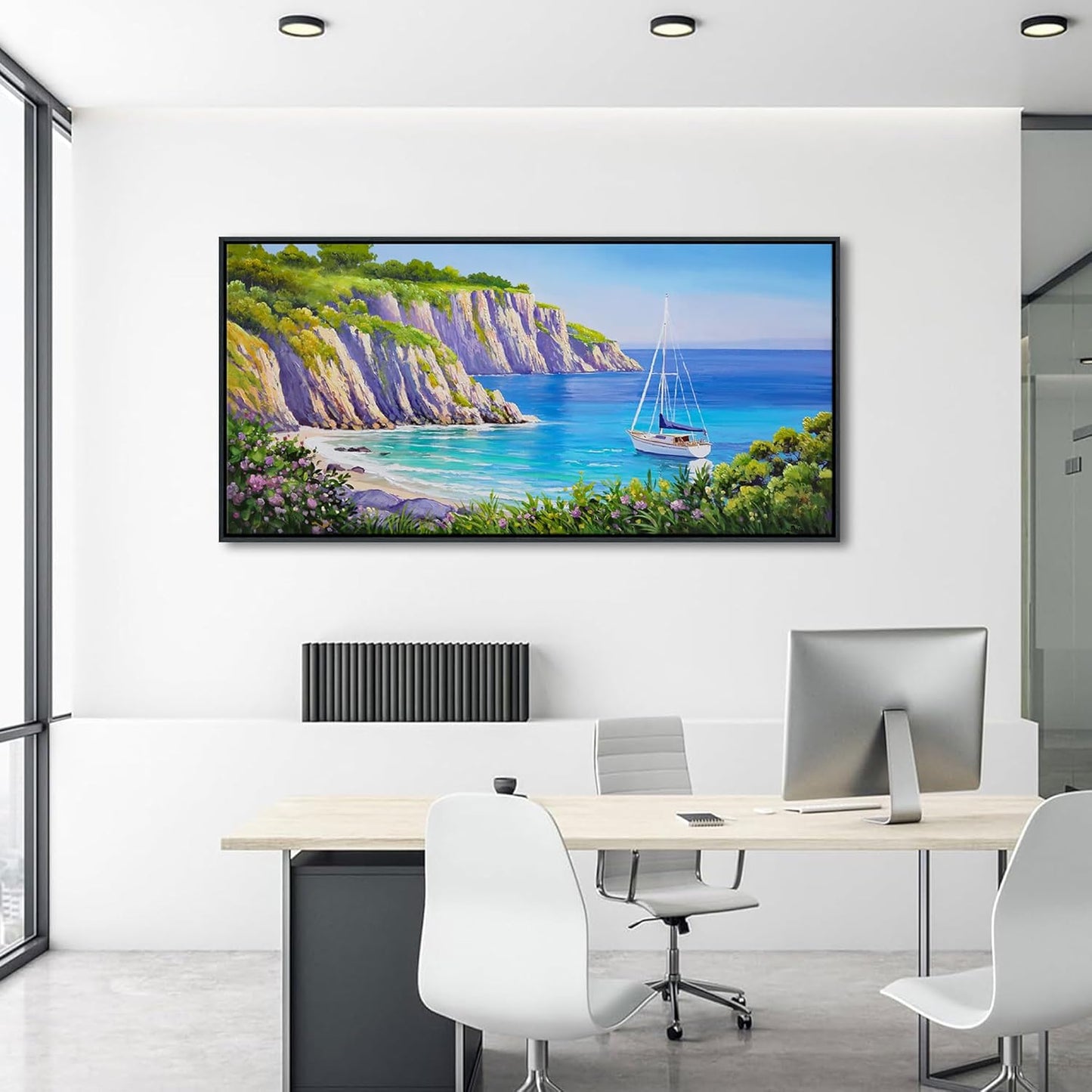 QZQCBLC Large Coastal Wall Art - Blue Sea Sailing Boat Canvas Pictures Purple Flower Mountains Ocean Landscape Paintings Artwork for Living room Bedroom Home Office Framed Beach Decor 24"X48"