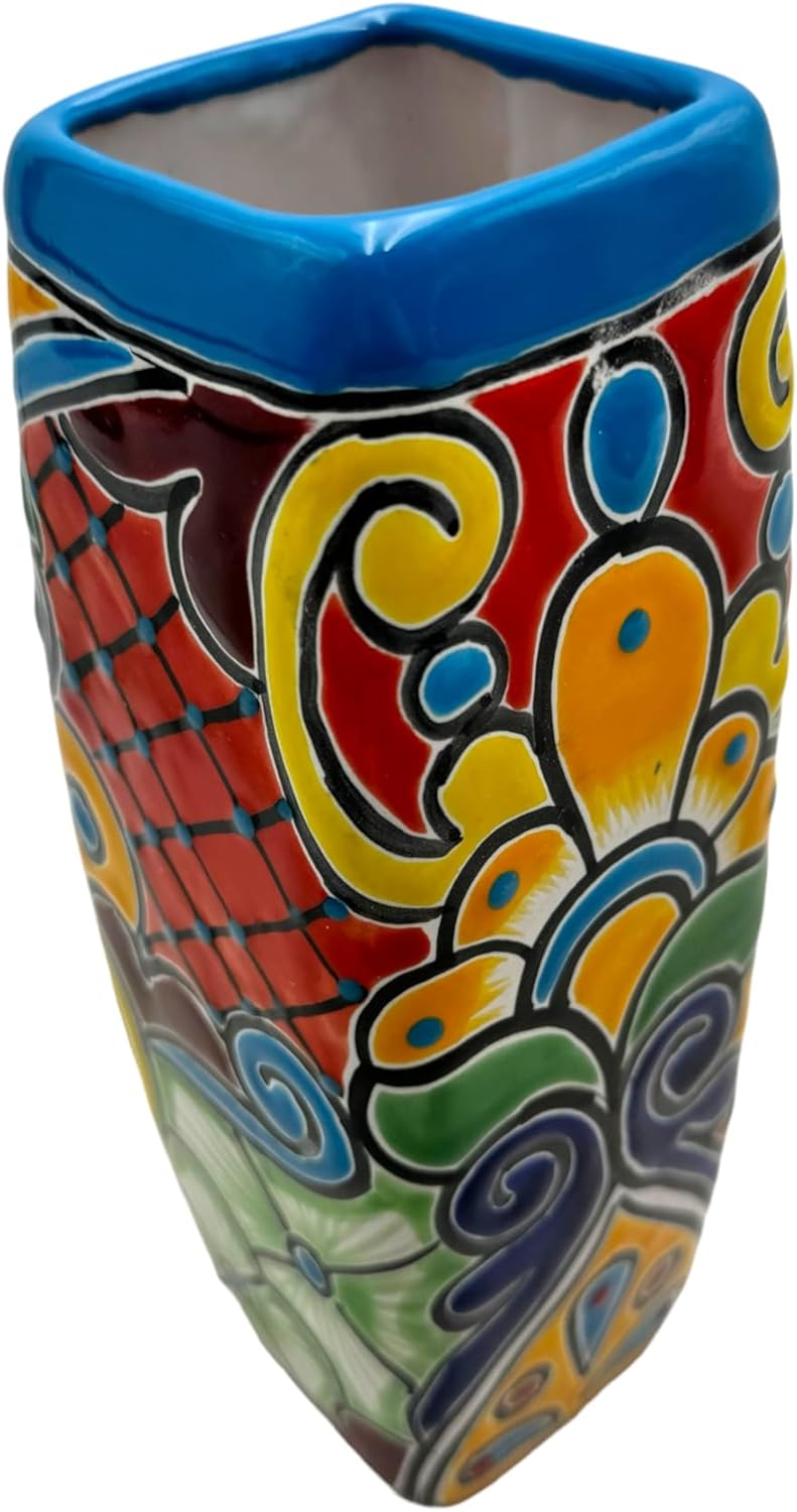 Talavera Planter Pot Square Vase Folk Art Mexican Pottery Handmade Hand Painted Home Decor Indoor Multicolor Outdoor 9.25" (Turquoise Multi)