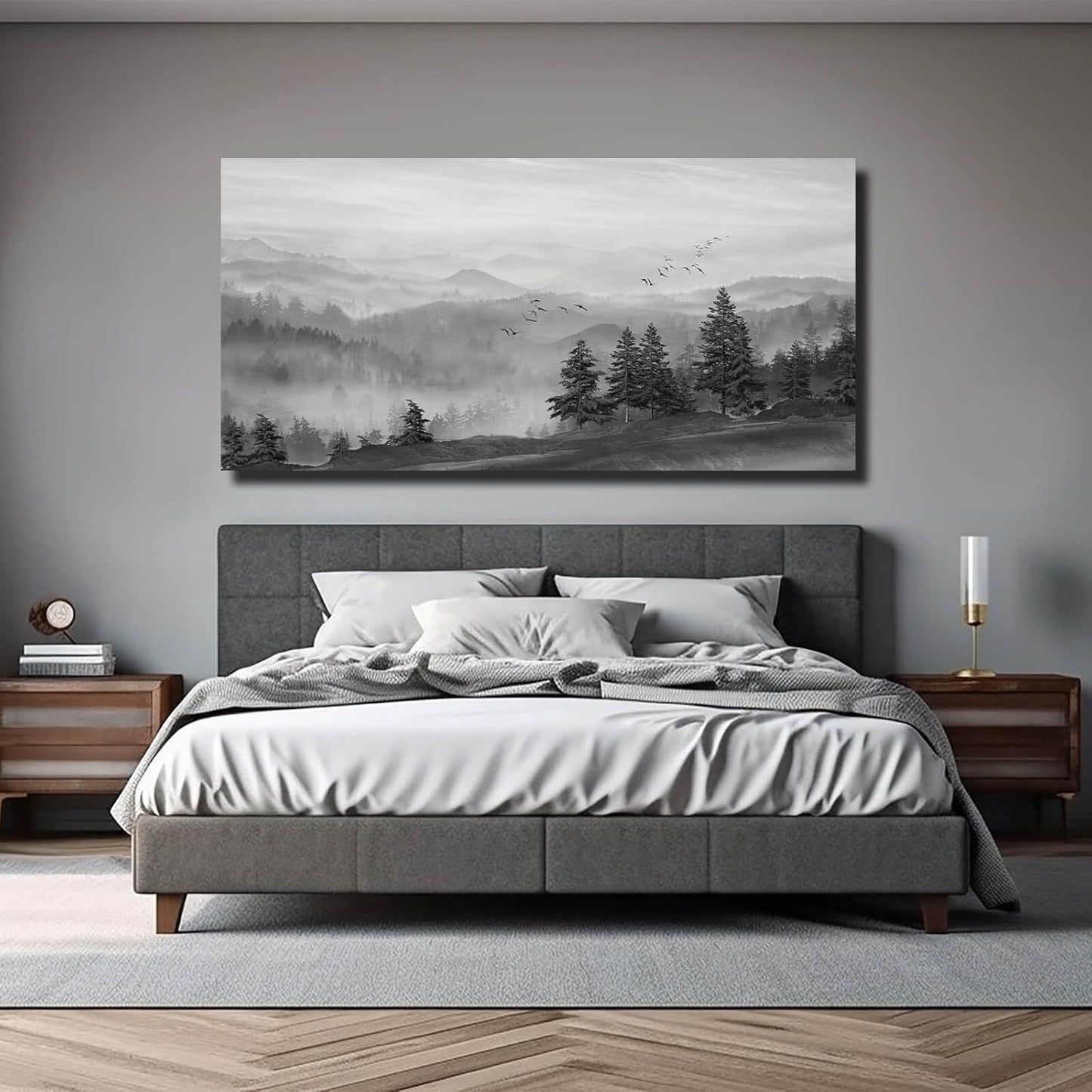SOUGUAN Grey Pictures Wall Decor Forest Artwork Mountain Canvas Painting Landscape Wall Art Prints for Living Room Bedroom Home Hanging Decor 24x48 Inch