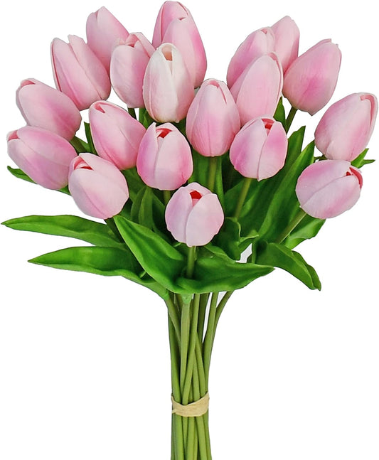 Mandy's Artificial Tulips 20 Stems Peach PU Faux Flowers for Wedding Home Decor 13.5 Inch