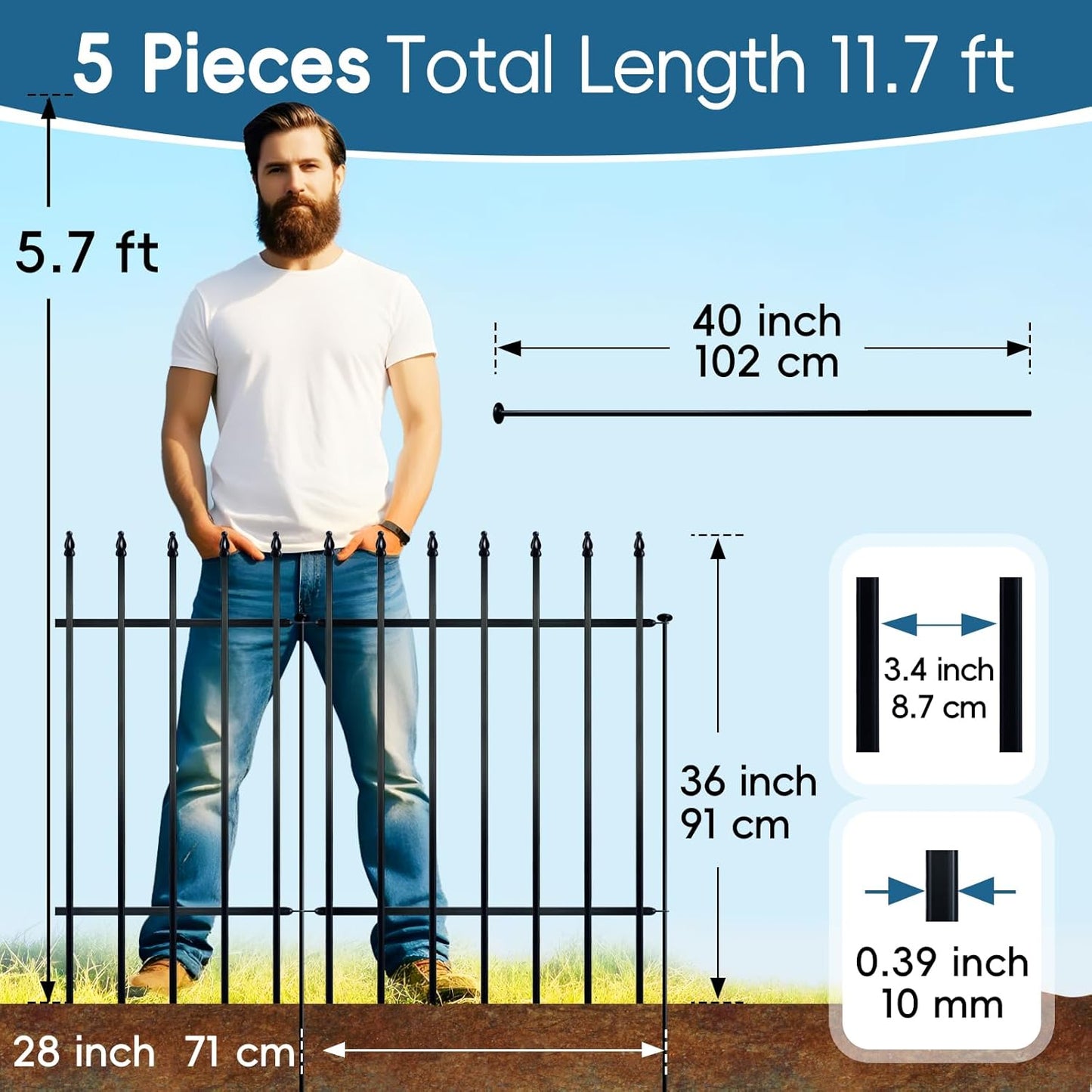 Metal Decorative Garden Fence 36" Wide x 28" High (5 Panels, Total Length 11.6 feet), Metal Border Folding Fence, Landscape Fencing Dog Fence Pet Fence for Flower Bed, Yard, Animal Barrier
