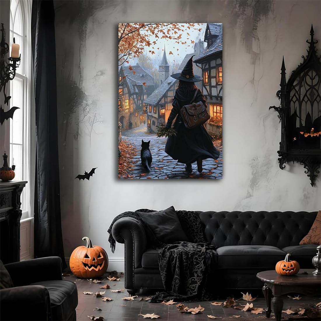 Autumn Witch And Black Cat Picture Wall Decor,Halloween Canvas Vintage Rustic Wall Art,Preppy Bedroom Living Room Bathroom Poster Print,24"x36" Framed