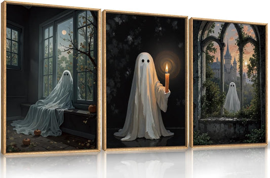 LHIUEM Large Halloween Cute Ghost Framed Canvas Wall Art Set,Vintage Spooky Wall Decor,Retro Dark Prints,Midnight Candle Poster Artwork for Living Room,Bathroom,Dining Room -16"x24"x3