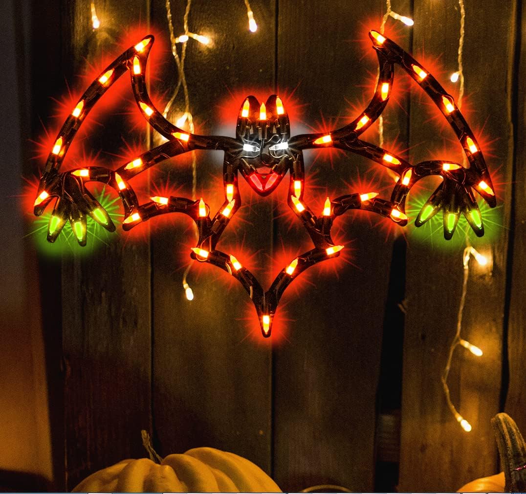13.3" Lighted Bat Halloween Window Silhouette Decoration,Halloween Lighted Window Decoration,Hanging Light Up Holiday Ornament (Bat Light)