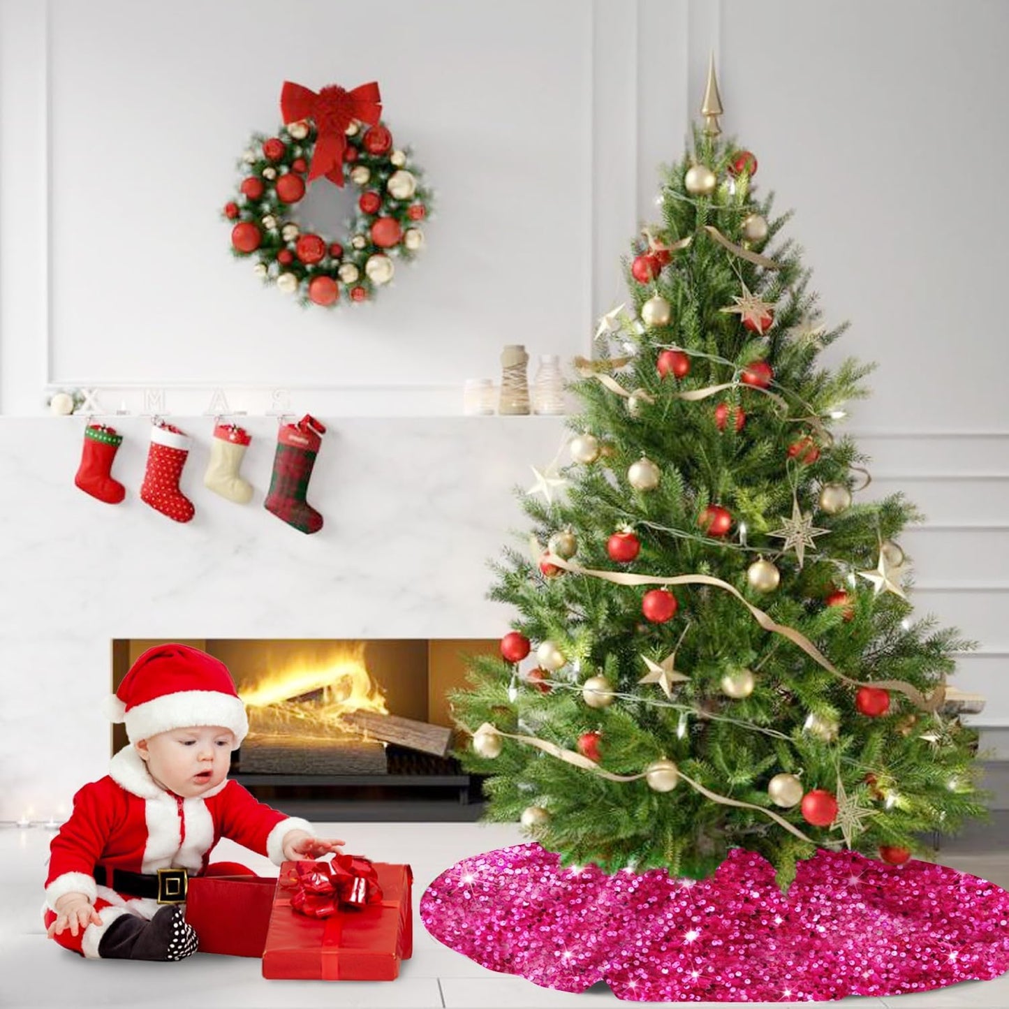 MODFUNS Glitter Christmas Tree Skirt Hot Pink Sparkly Tree Skirt 60 Inch Christmas Tree Mat Large Sequins Xmas Tree Skirt Rustic Shiny Tree Carpet Velvet Tree Cover Skirt for Xmas Celebration Decor