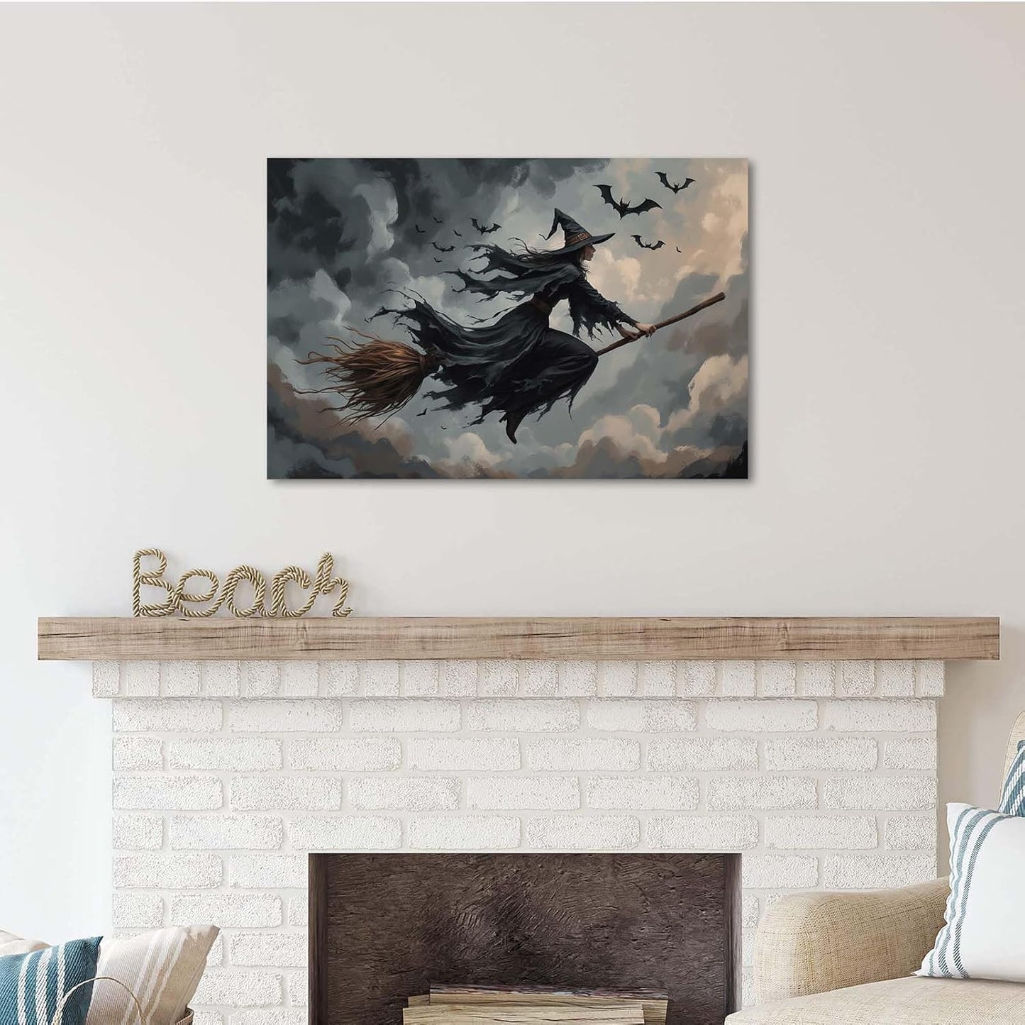 Witch and bat flying Halloween poster suitable for home party wall decoration retro Halloween preppy style wall art canvas print suitable for room decoration12x16in Wood Framed