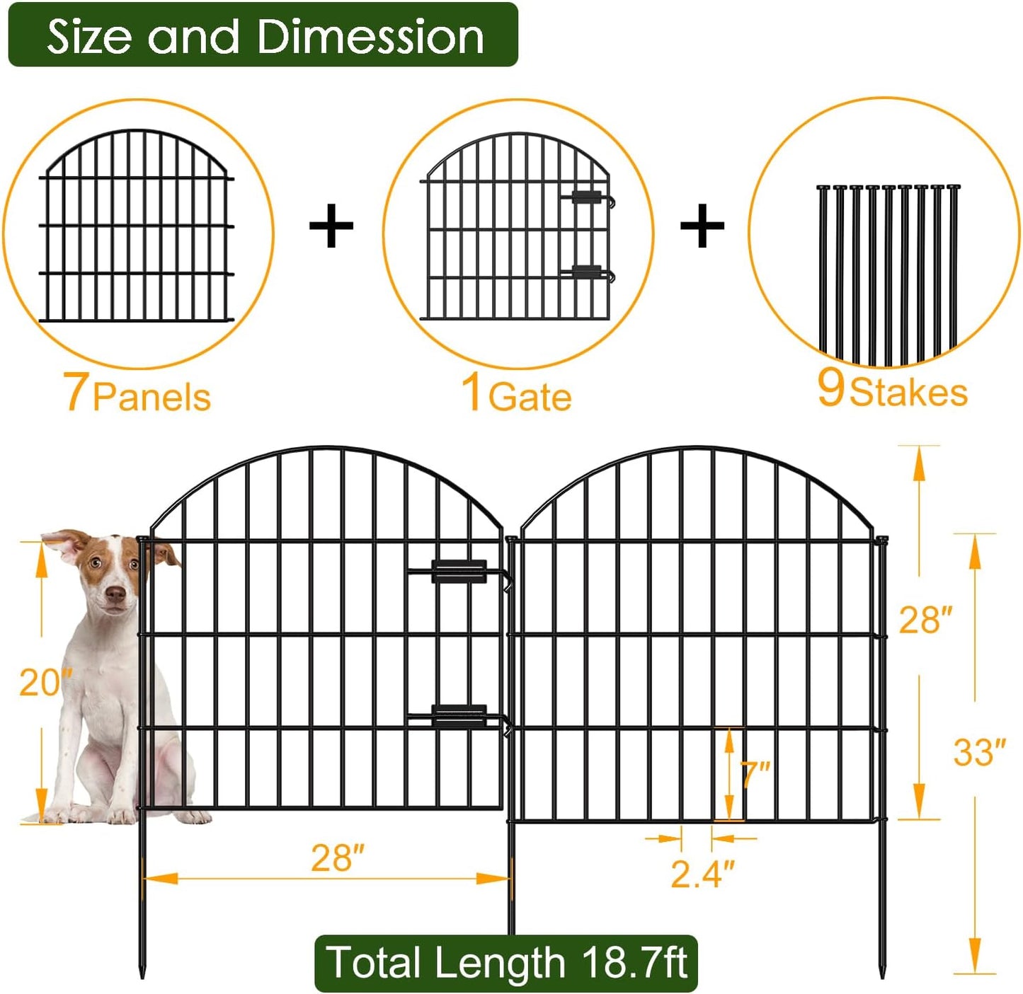 Metal Garden Fence with Gate 28in (H) x 18.7ft (L), 1 Gate + 7 Panels Dog Fence Border Fence Animal Barrier, No Dig Garden Fencing for Yard Flower Bed Lawn Patio Outdoor, ECG2829 Black