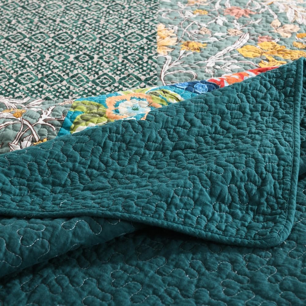 Autumn Dream Cotton Bedspread Quilt Sets Reversible Bedding Coverlet Sets Comforter, Vintage Floral Patchwork Turquoise Bedspread, Queen Size