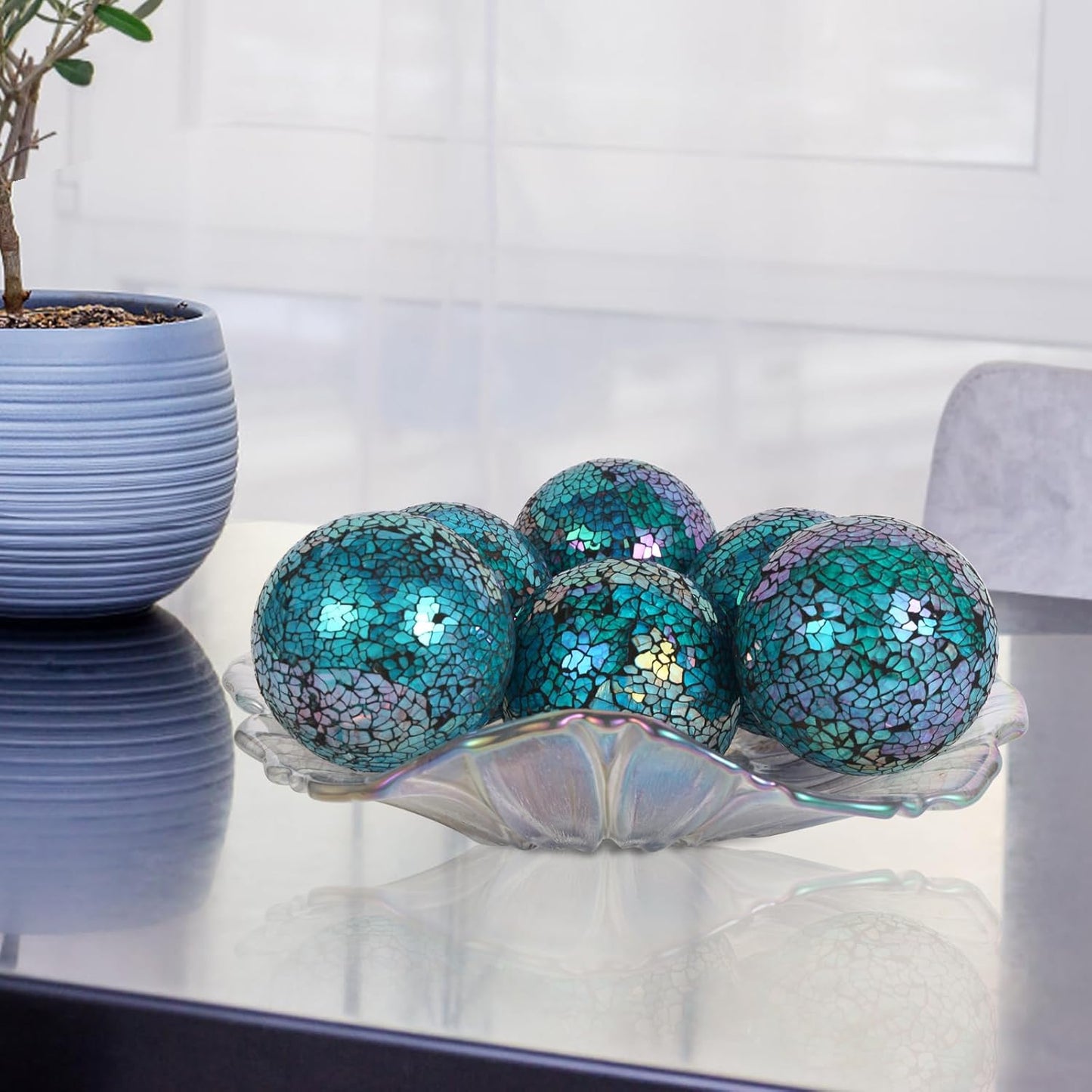 6pc Decorative Ball Set, 6cm/2.4in Mosaic Glass Orbs Centerpiece Balls for Decorating Tables & Wedding Parties (Dazzle Blue)
