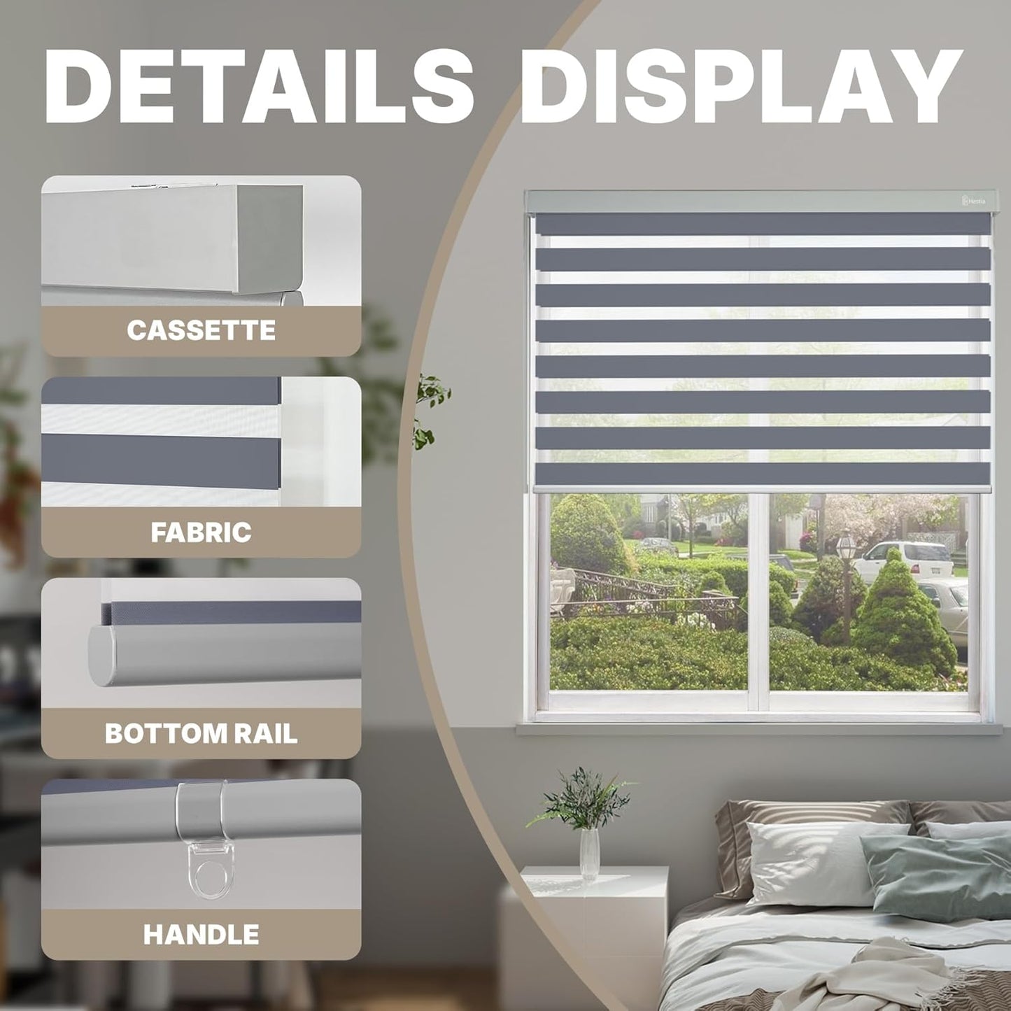HESTIA Cordless Zebra Blinds Light Filtering Roller Shades UV Blocking Blackout Privacy Indoor Window Blind for Home Office Day and Night, Blue Grey,39" W x 48" H