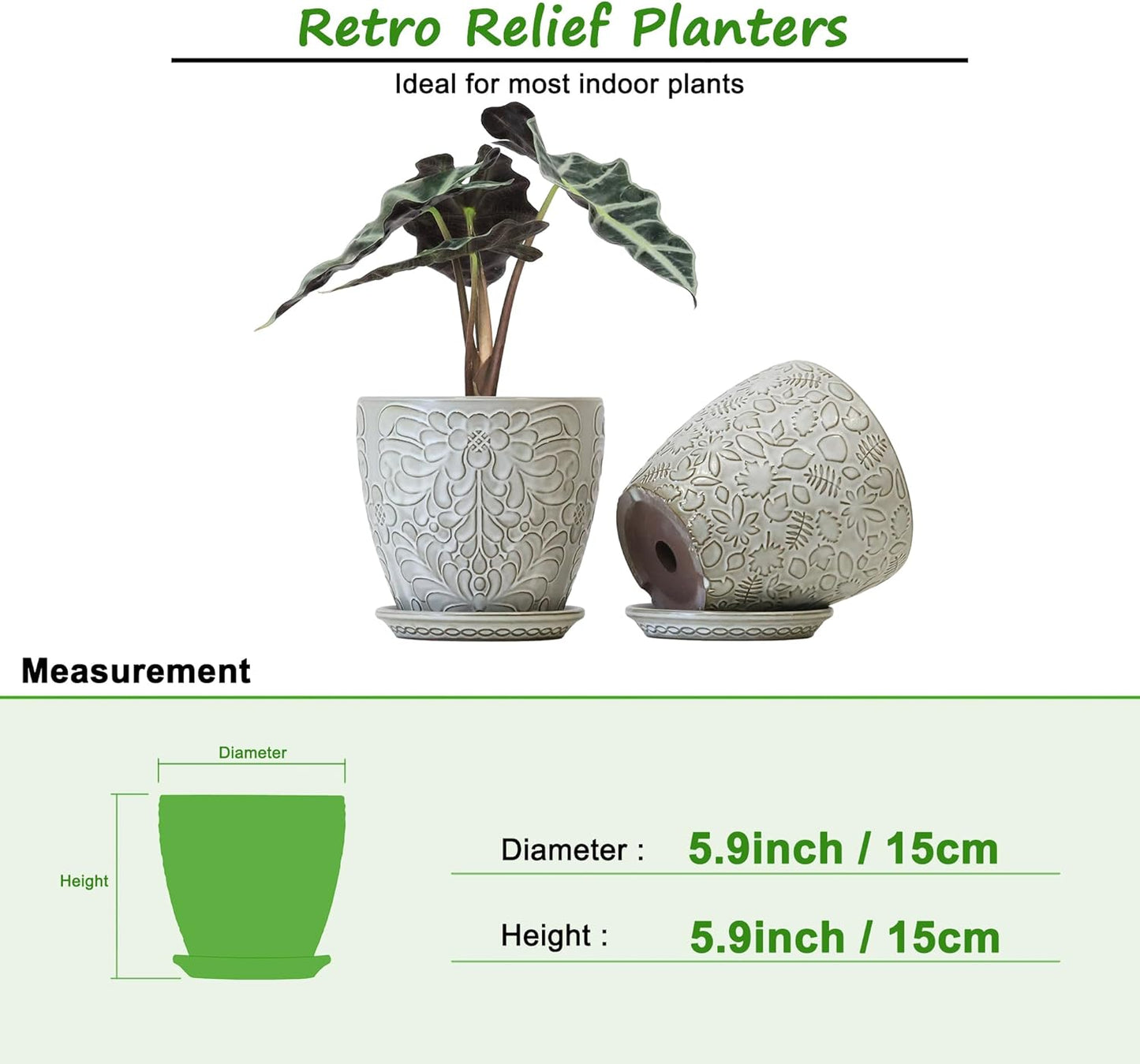 6 Inch Ceramic Planter Pots with Drainage Hole and Saucers for Indoor Plants, Garden Pots for Succulent, Orchid, and Flower - Set of 2