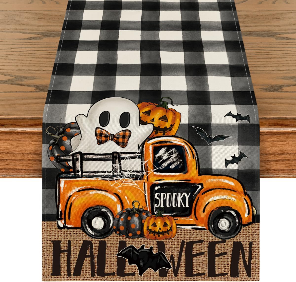 Artoid Mode Buffalo Plaid Bat Pumpkin Ghost Truck Spooky Halloween Table Runner, Sensonal Kitchen Dining Table Decoration for Home Party Decor 13x36 Inch