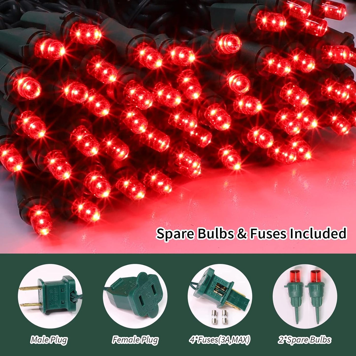 Red Wide Angle LED Christmas Lights, 64.8 Ft 300 Count, Pack of 3 Strands 21.9 Ft 100 Lights UL Certified Commercial Grade Green Wire 5mm Holiday String Light