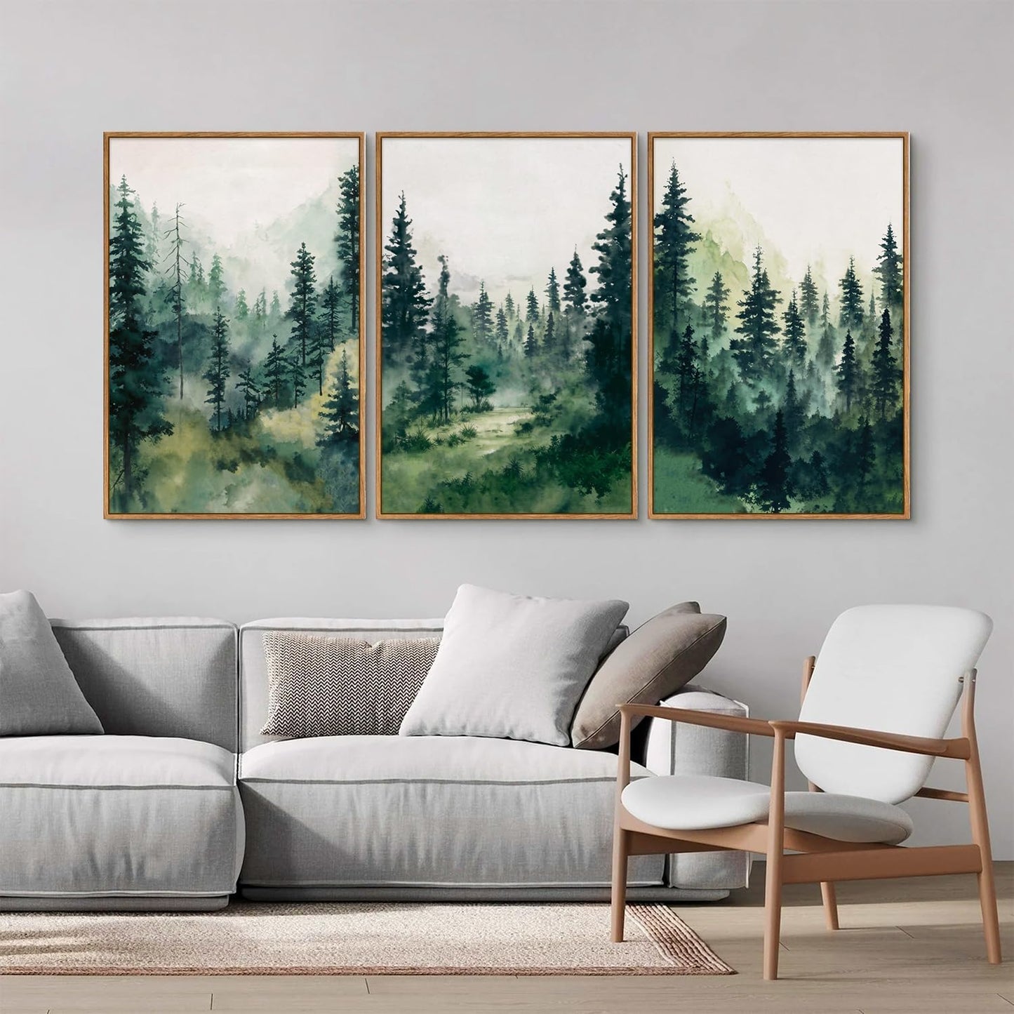 Tinonedraw Misty Forest Framed Canvas Wall Art Set, Modern Pine Trees Wall Painting, Watercolor Nature Foggy Landscape Wall Decor, Neutral Mountain ArtWork for Bedroom Living Room and Office 24"x36"x3