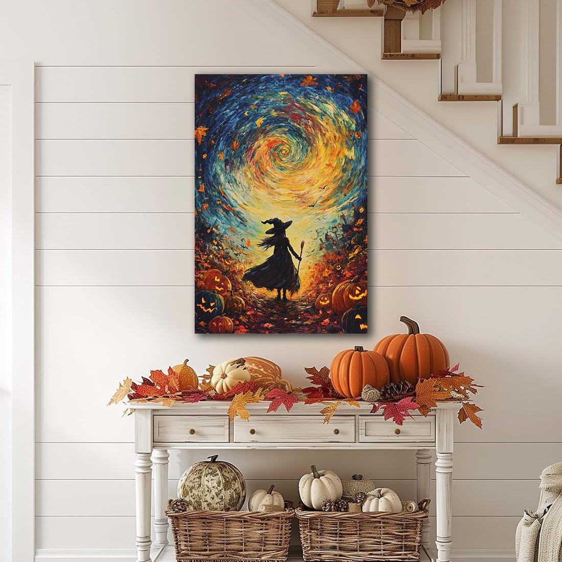 Halloween Autumn Witchy Decor Wall Art Prints,Gothic Witch in Whirlwind Autumn with Pumpkins Scene Pictures Poster,Fall Festival Home Decor Painting Canvas Poster for Bedroom Bathroom,20"x30" Unframed
