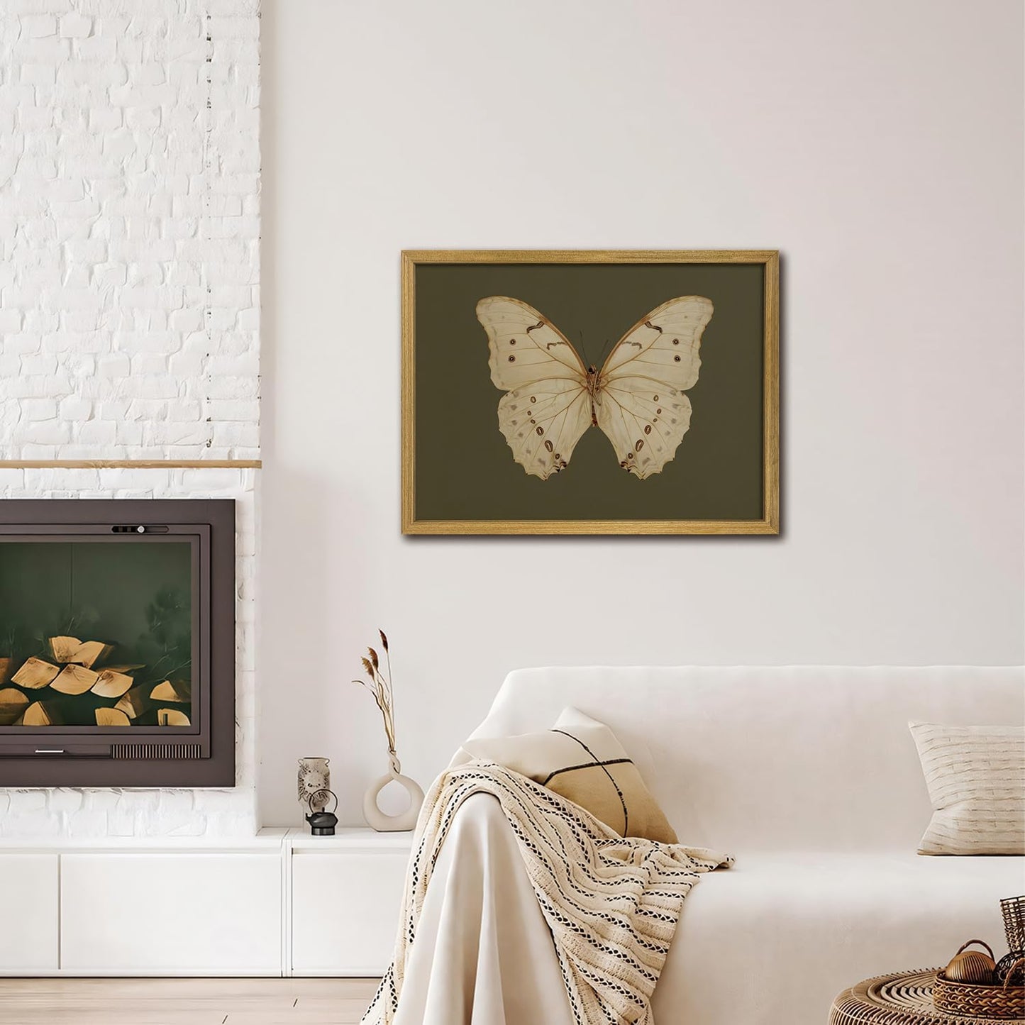 Wood Framed White Butterfly Wall Art, Vintage Butterfly Oil Paintings, Dark Moody Insect Canvas Prints, Boho Sage Green Wall Decor, for Bedroom Kitchen Bathroom Cottagecore Room Decor - 16x24 Inch