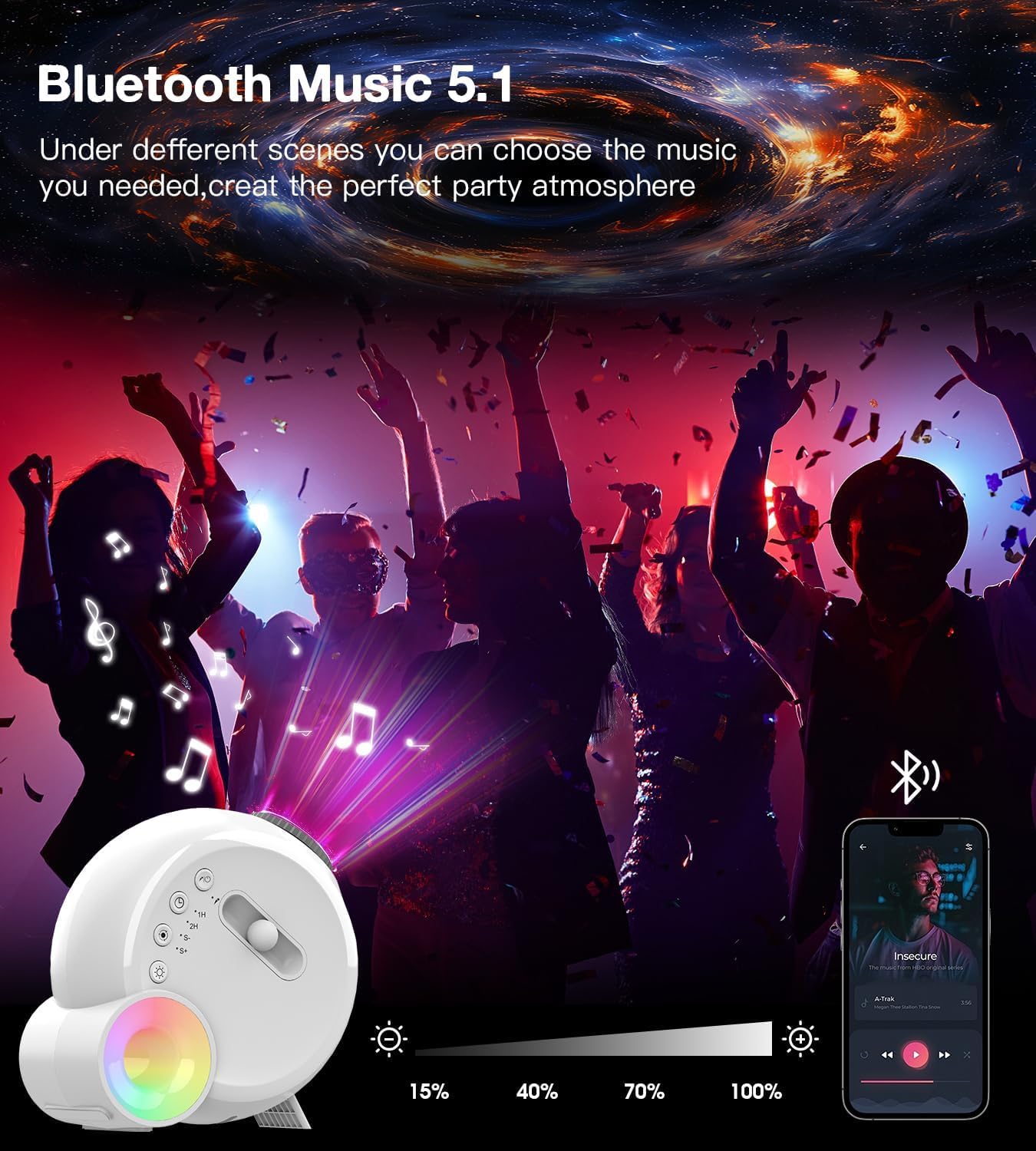 Galaxy Projector for Bedroom,4K Image Planetarium Projector Adjustable Knob,13 in 1 Kids Night Light Projector with Built-in Bluetooth Speaker & White Noise,360° Rotating with Remote Timer (White)