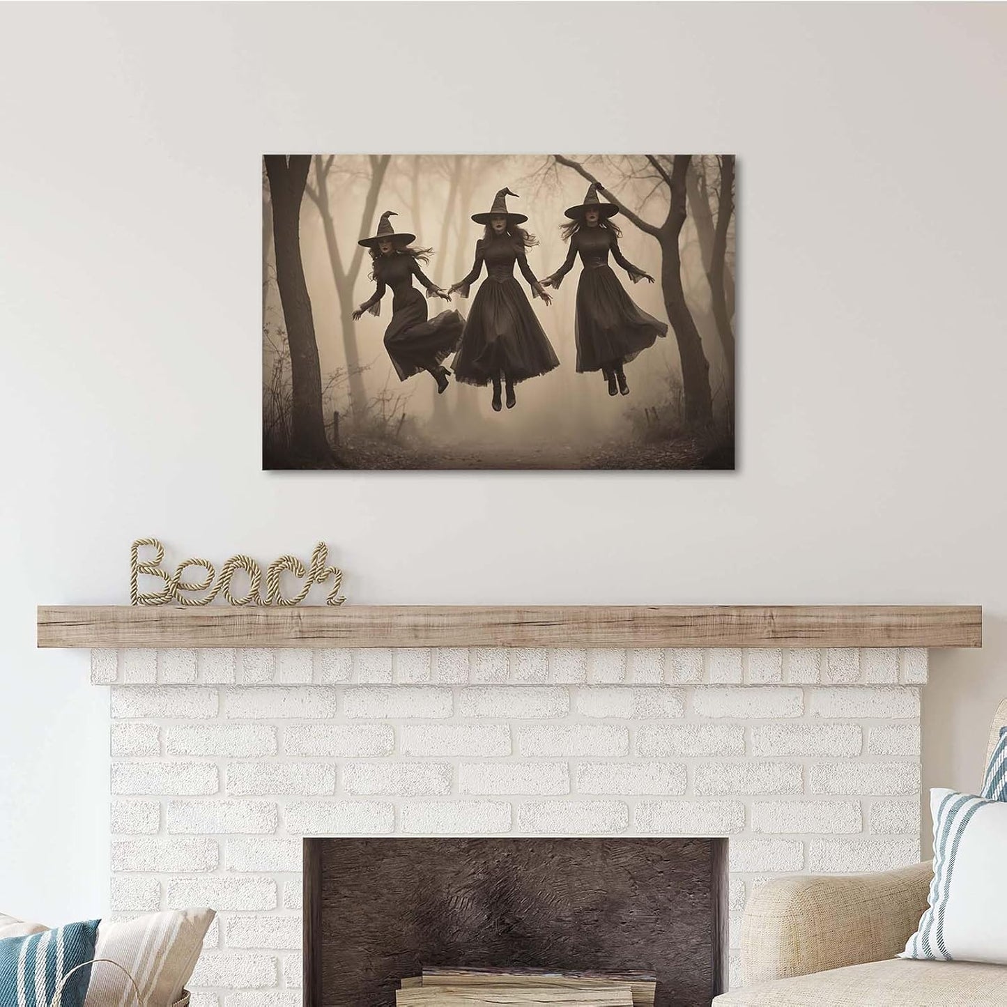 JFHCQJPK Three ghost witches flying in vintage forest gothic wall art witchcraft decoration holiday gift canvas wall art print20x30in Frameless