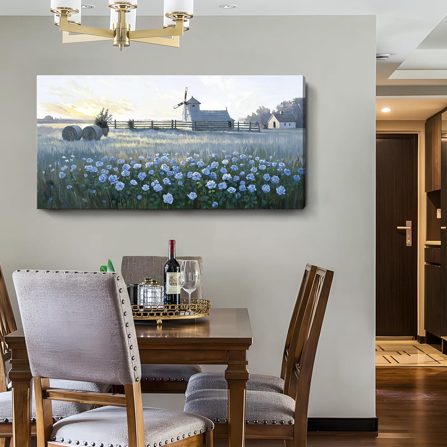 amatop Large Rustic Canvas Wall Art – Farmhouse Blue Rose and Windmill Landscape Picture, Nature Country Floral Sunset Wall Decor for Living Room Bedroom, Countryside Botanical Artwork Print 48x24 Inch