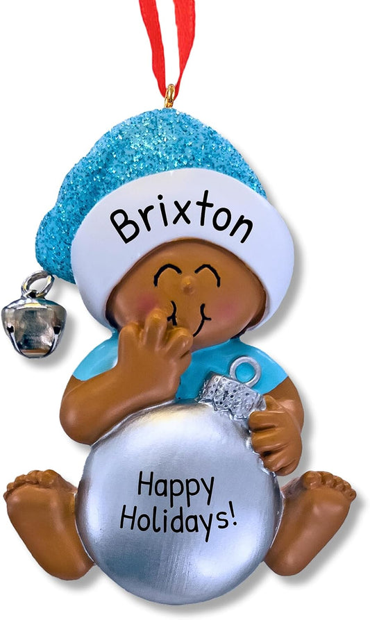 Ornaments by Elves - Personalized Baby Blue Christmas Ball Ornaments 2024 - Customized Baby Boy Blue Balls Christmas Decorations African-American Ornaments Christmas Tree in Giftable Packaging