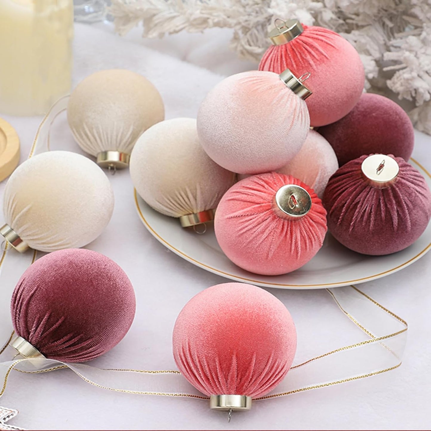 12Pcs Velvet Christmas Ornaments Balls,Pink Christmas Tree Decoration Shatterproof Ball with Hanging for Party Decor Multicolor Pink Beige 80mm/3.15in