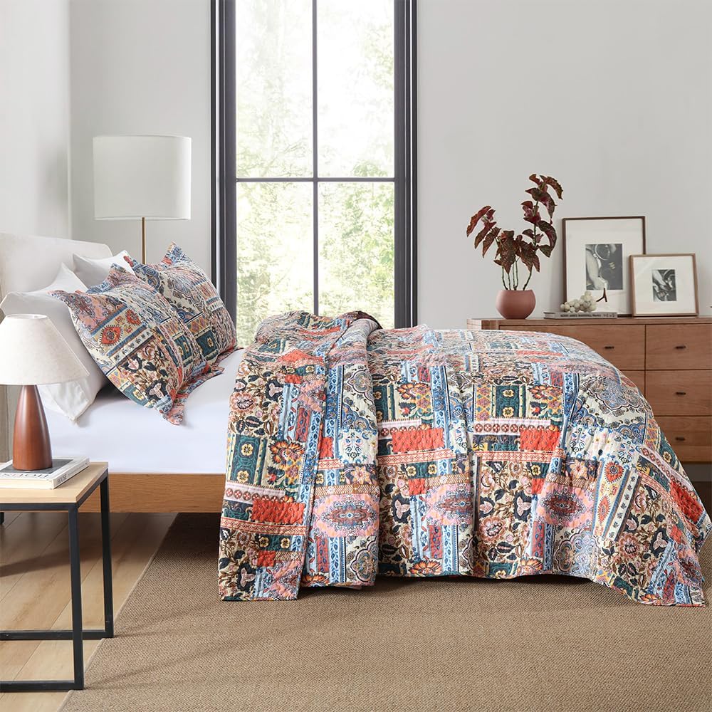 Cotton Bedspread Quilt Sets Reversible Coverlet Sets Comforters Vintage Bohemian Patchwork Bedspread Bedding Sets,Gorgeous Bohemian Floral,King Size