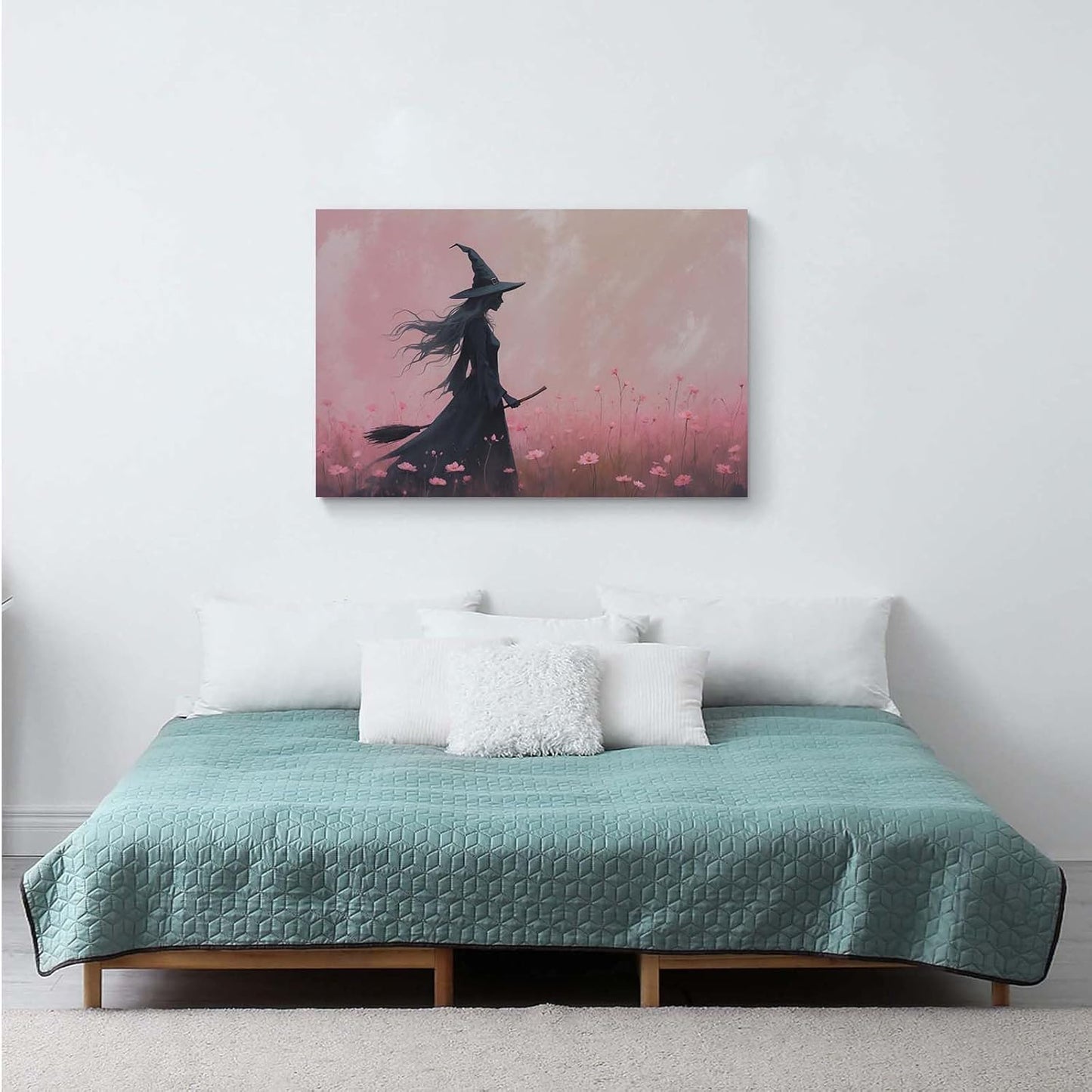 Witch in the pink sea of flowers Halloween prints weird flowers wall art silhouette painting fashionable romantic decoration suitable for bedroom16x24in Wood Framed