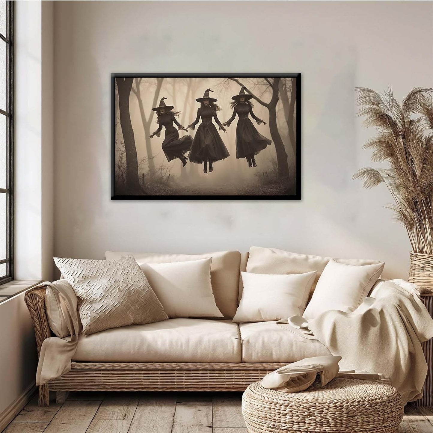 JFHCQJPK Three ghost witches flying in vintage forest gothic wall art witchcraft decoration holiday gift canvas wall art print20x30in Metal blackFramed