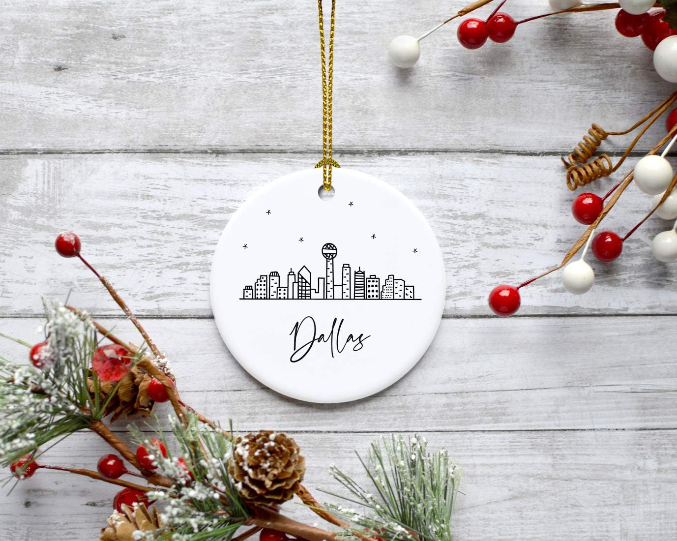 Andaz Press Round Ceramic Porcelain Christmas Tree Ornament Keepsake, Dallas Black and White Stars City Skyline Graphic, 1-Pack, Birthday Gift Ideas for Family Coworker, Includes Gift Box