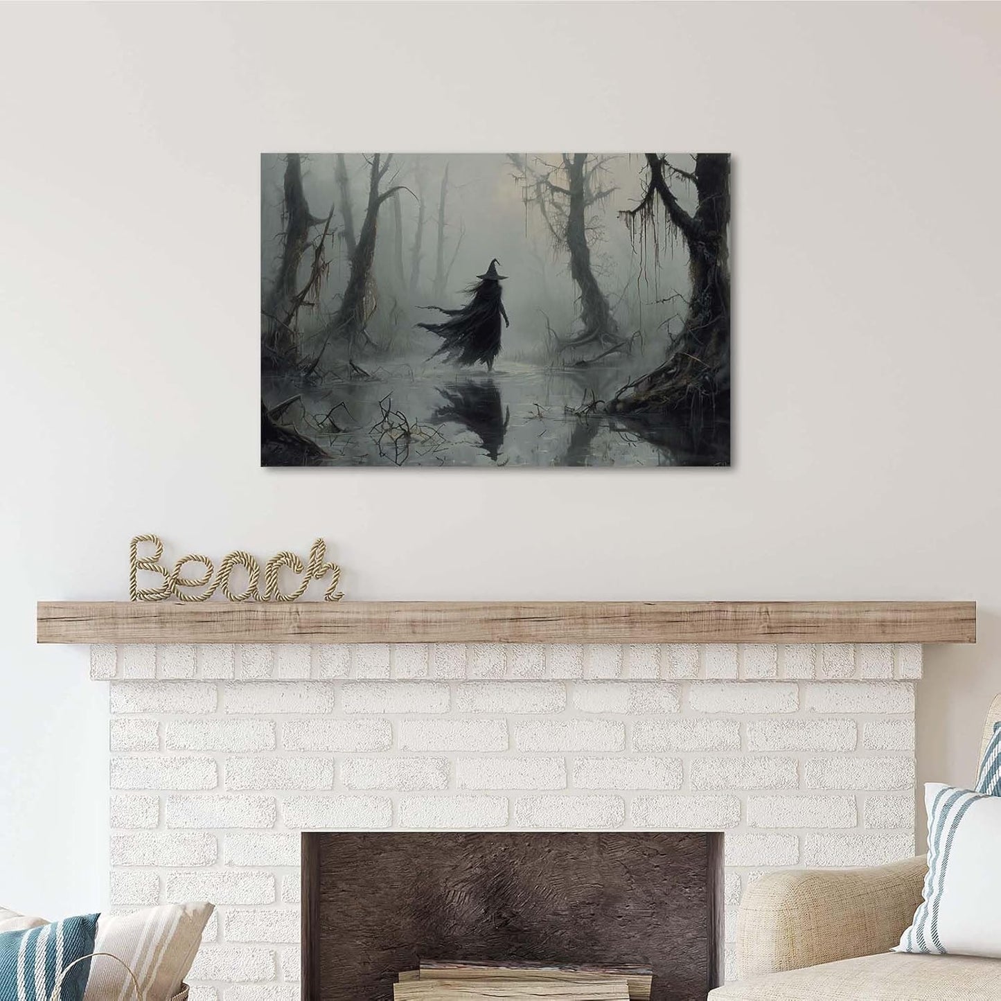 Vintage rustic swamp witch poster dark moody wall art gothic horror season halloween print for home decor retro dark moody painting20x30in Wood Framed